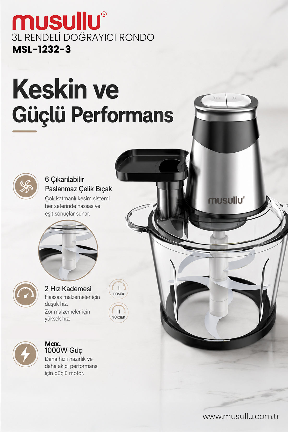 Musullu MSL-1232-3 paslanmaz çelik rondo, şeffaf hazne ve tanıtım yazılarıyla.
