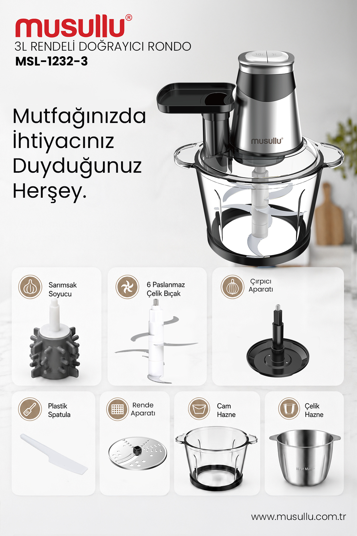 Musullu MSL-1232-3 doğrayıcı, cam ve çelik hazne, bıçaklar ve aksesuarlarla birlikte.