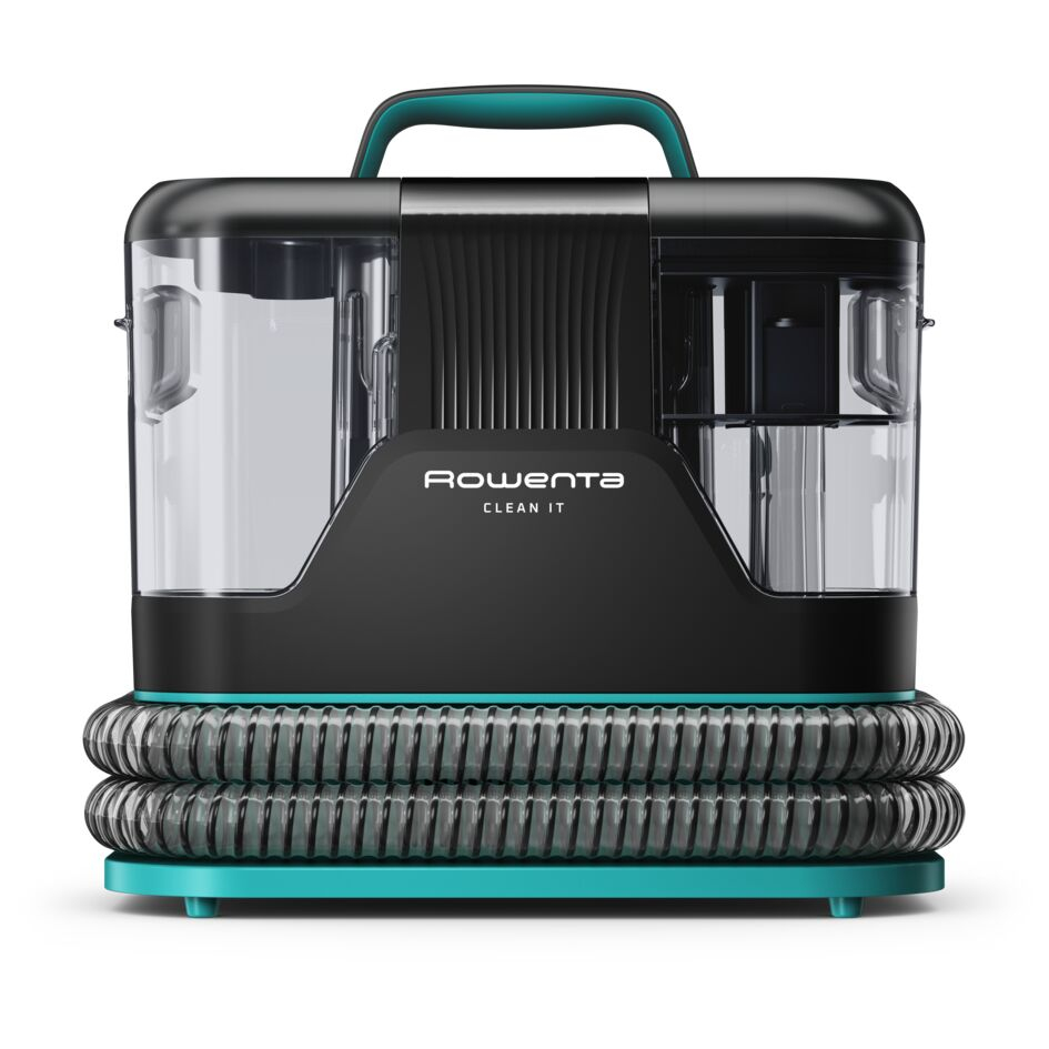 Rowenta Clean It Reinigungsgerät in Schwarz und Türkis mit zwei transparenten Wassertanks und gewelltem Schlauch.