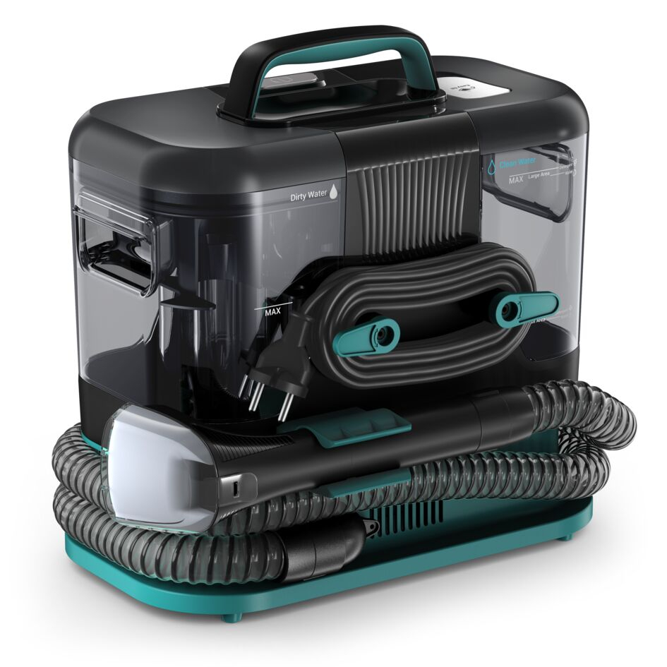 Ein tragbarer Teppichreiniger in Schwarz und Türkis mit Wassertanks, aufgewickeltem Kabel und flexiblem Schlauch.