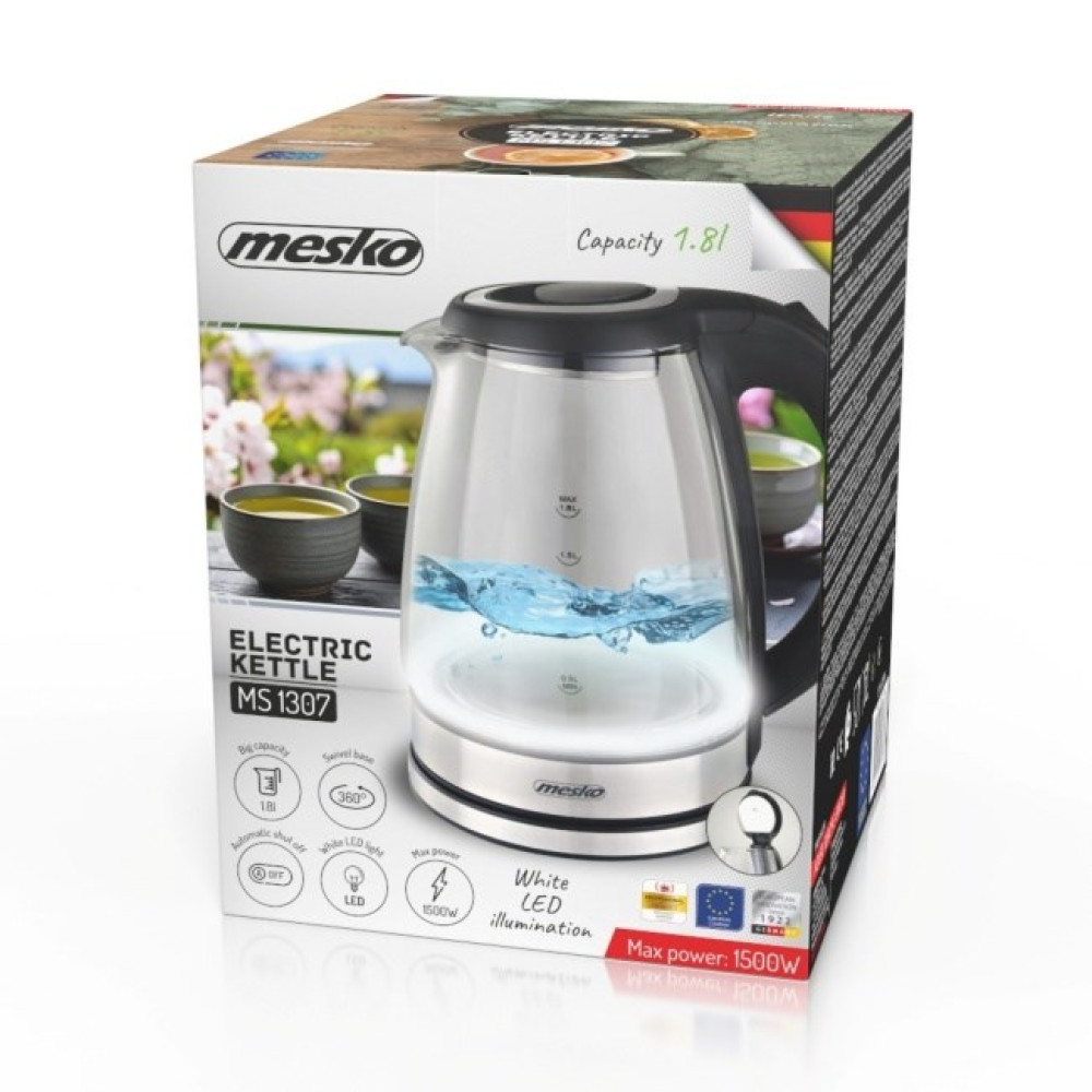 Opakowanie szklanego czajnika elektrycznego Mesko MS 1307 z oświetleniem LED.