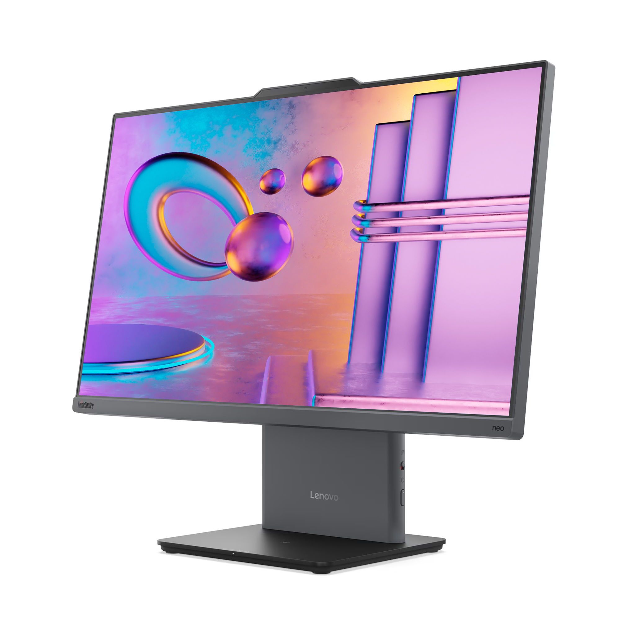 Yüzen küreler ve sütunlar içeren renkli soyut duvar kağıdına sahip koyu gri bir Lenovo hep-bir-arada masaüstü bilgisayar.