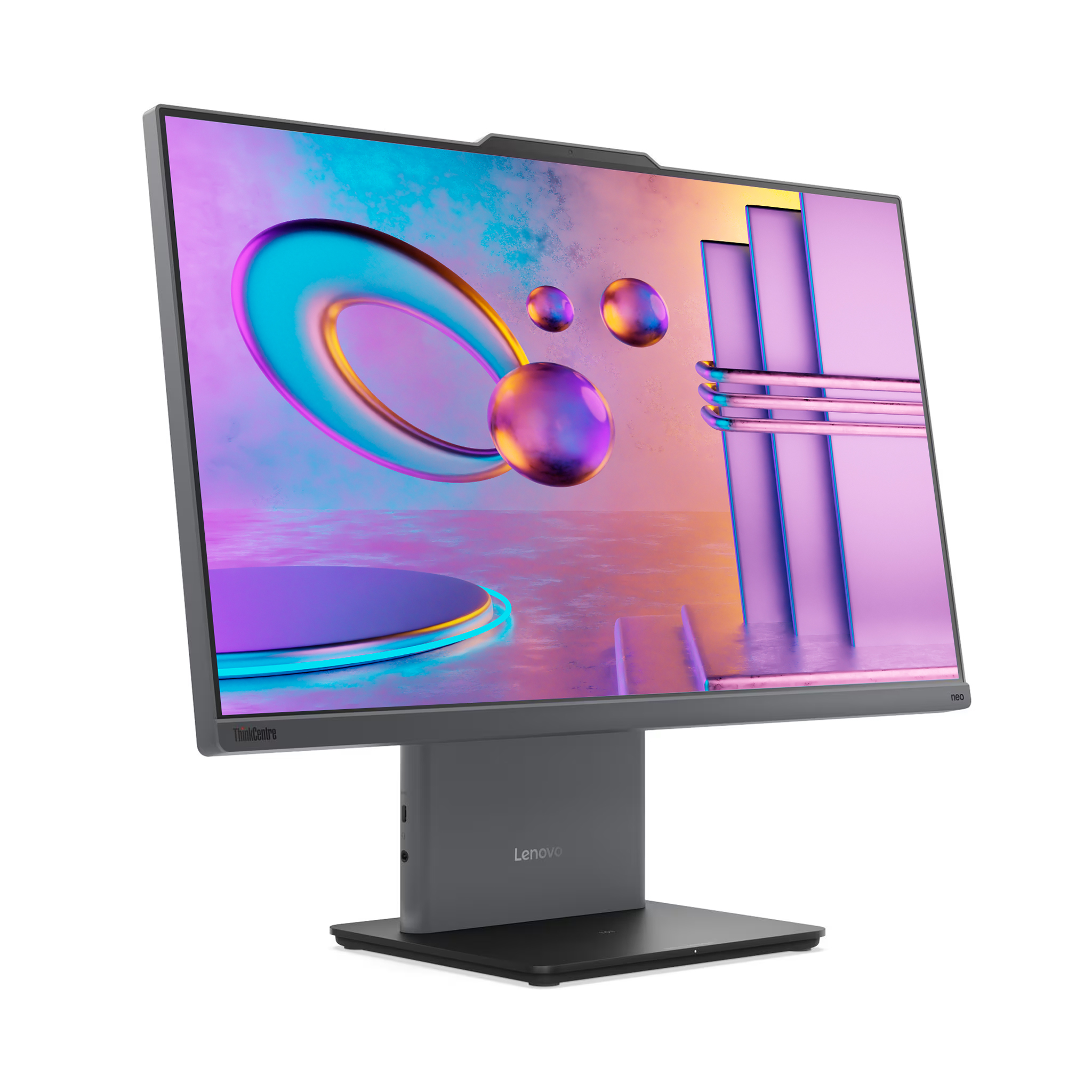 Beyaz arka planda renkli soyut duvar kağıdına ve sağlam standa sahip gri bir Lenovo masaüstü monitörü.