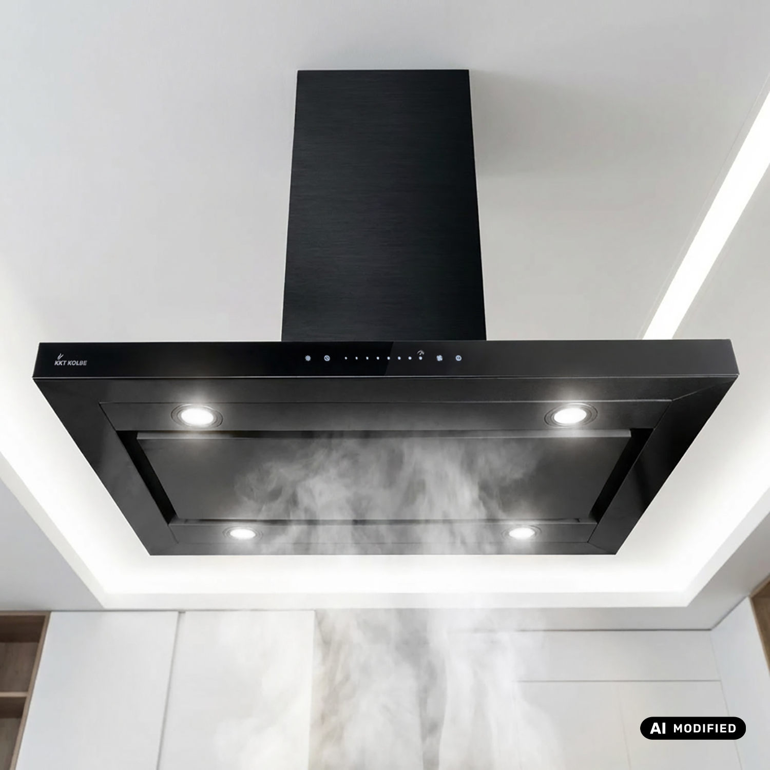 Eine schwarze Dunstabzugshaube an der Decke zieht Dampf ab, beleuchtet von vier integrierten Lichtern.