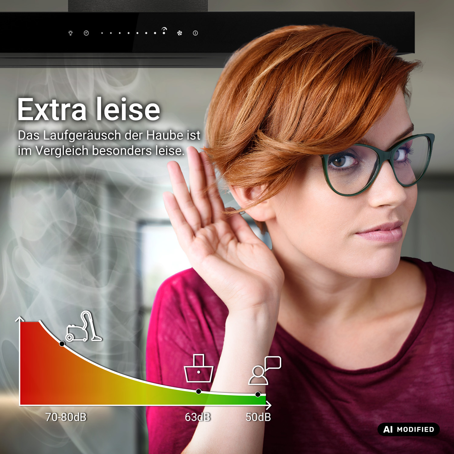 Eine Frau mit rotem Haar und Brille cupt die Hand ans Ohr, während eine Grafik leise Betriebsgeräusche zeigt.