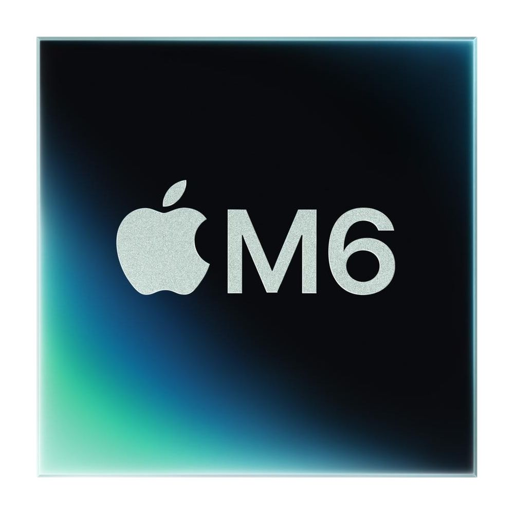 Il logo Apple e la scritta M6 in argento su sfondo scuro con un alone verde.