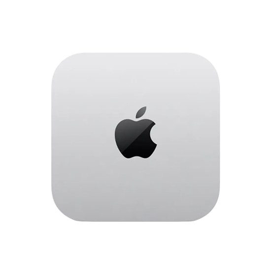 Un dispositivo quadrato argentato con angoli arrotondati e logo Apple nero in alto su sfondo nero.