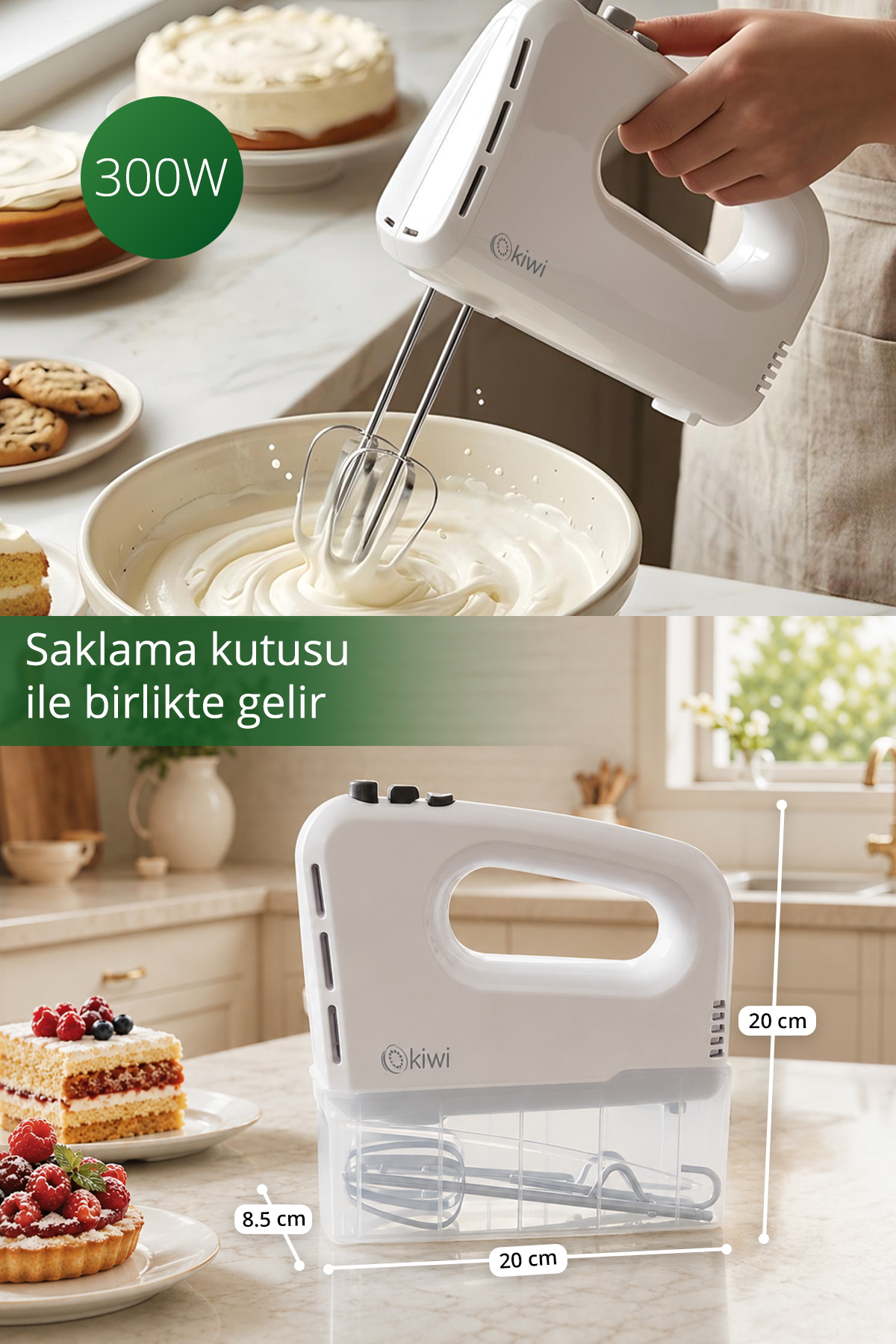 Beyaz 300W el mikseri kasada hamur karıştırıyor ve mutfak tezgahındaki saklama kutusunda duruyor.