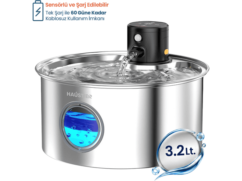 HAUSTIER W2 Otomatik Kablosuz Kedi Sensörlü Bataryalı Ultra Sessiz Çelik 3.2 l Su Kabı Gri