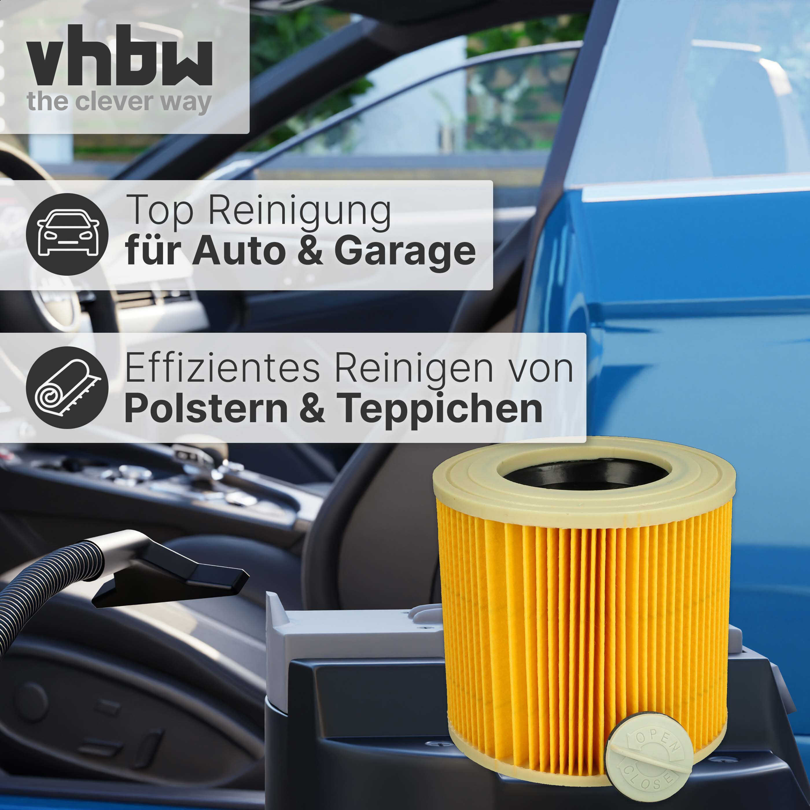 Ein gelber, gefalteter zylindrischer Staubsaugerfilter vor einem Auto-Innenraum.