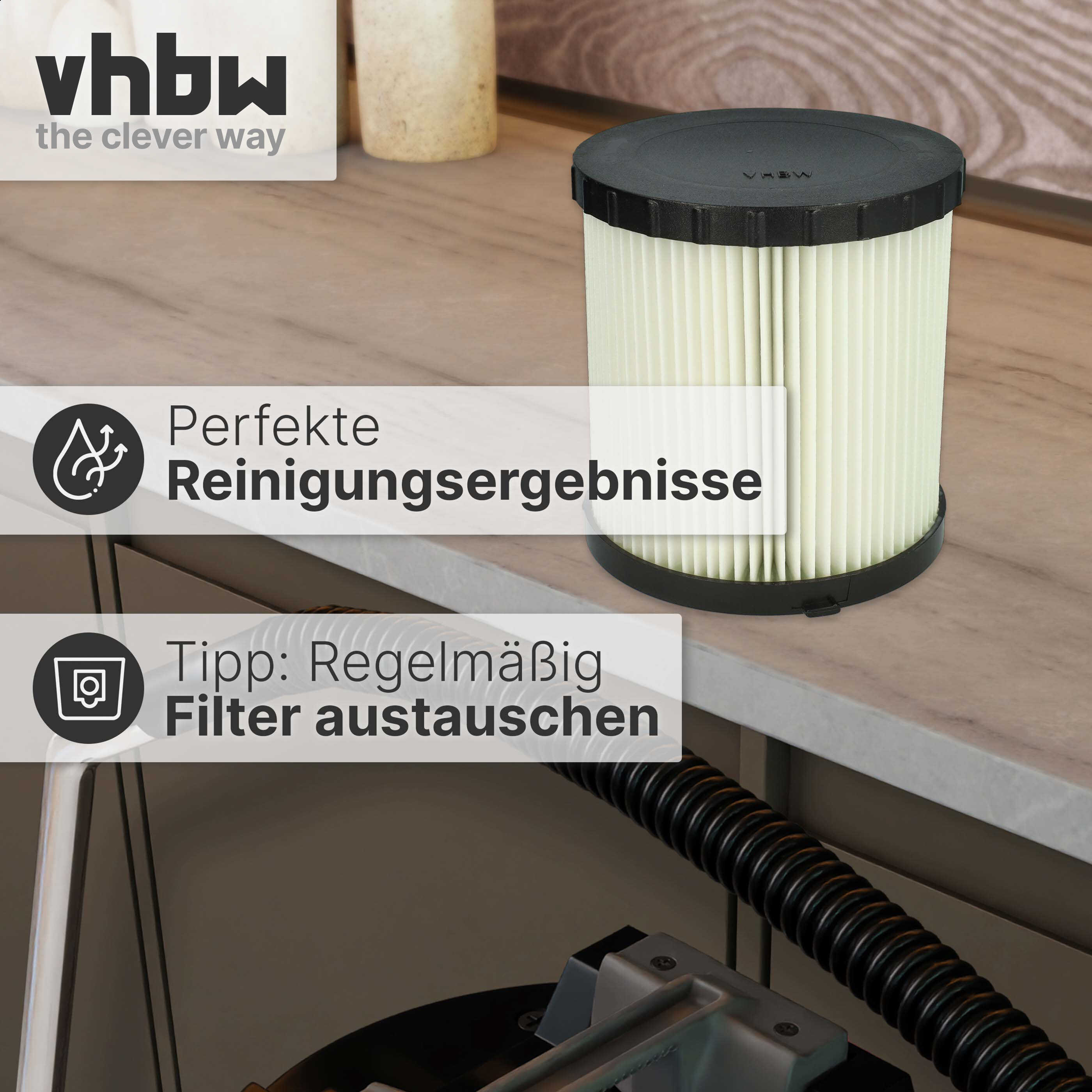 Ein zylindrischer, weißer Faltenfilter mit schwarzen Kappen auf einer Theke, mit Textüberlagerungen und einem Staubsaugerschlauch.
