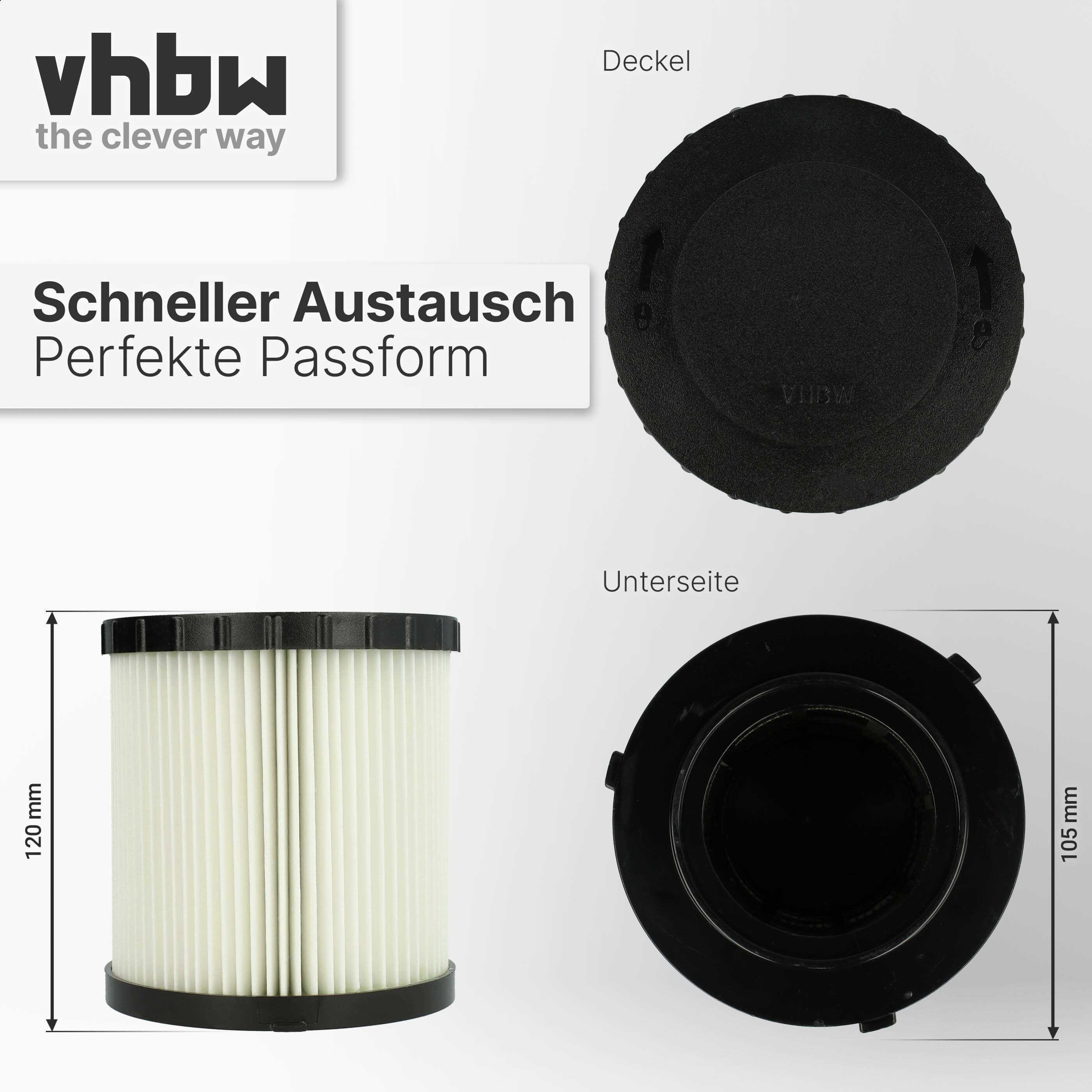 Zylindrischer weißer Filter mit vhbW Logo, Deckel und Unterseite sowie Maßen in mm.