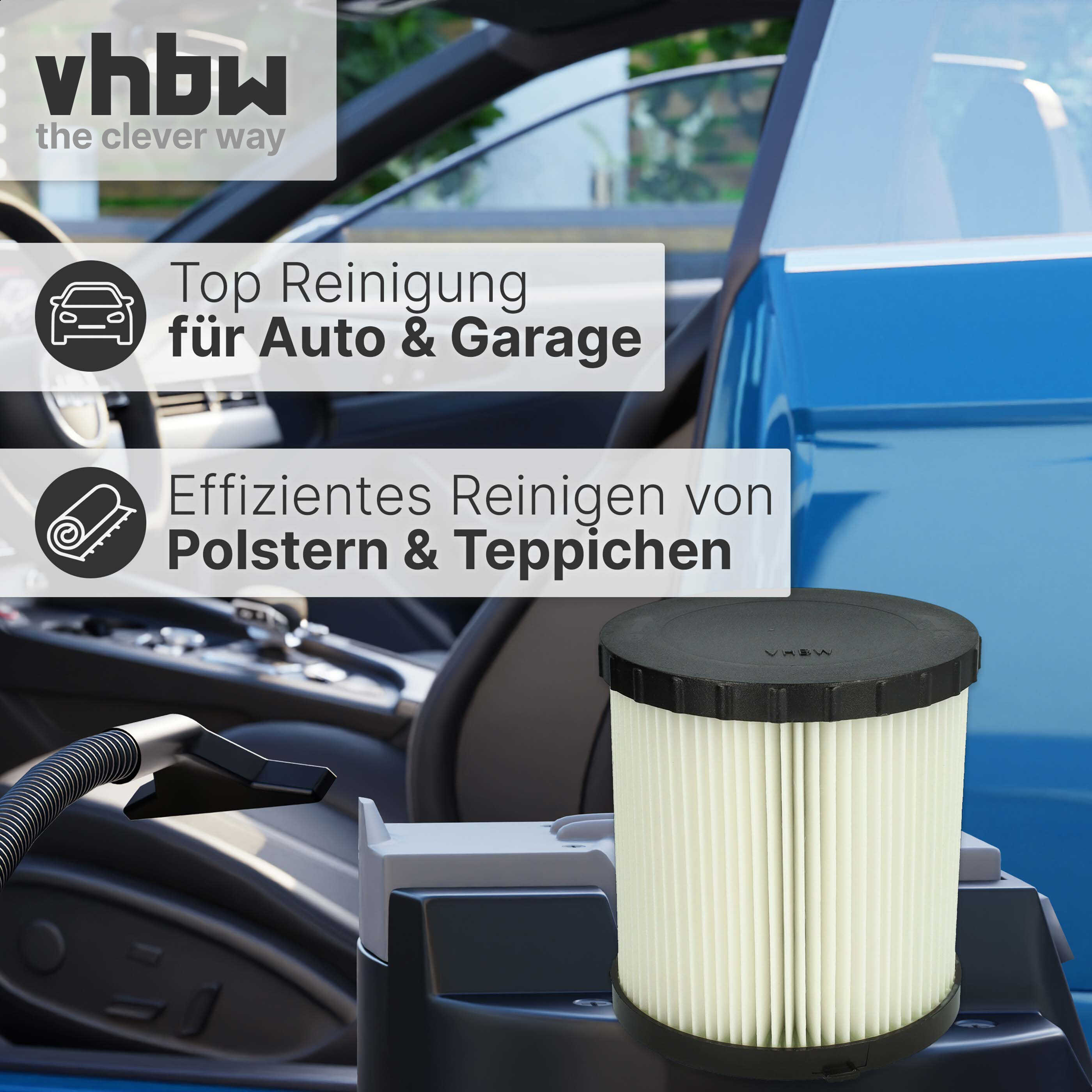 Ein zylindrischer Faltenstaubsaugerfilter vor einem blauen Autoinnenraum mit Text.