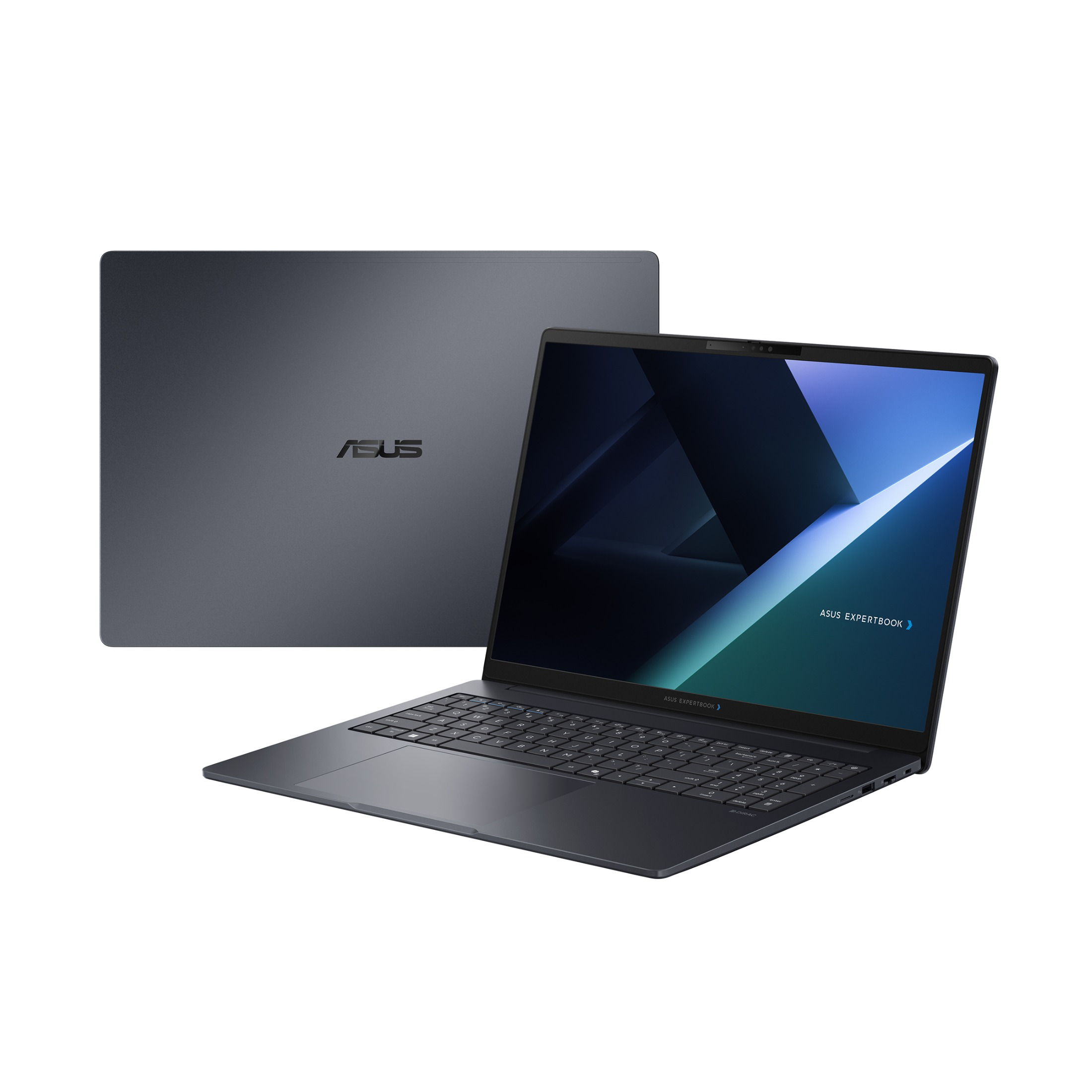 Zwei dunkelgraue ASUS ExpertBook-Laptops, einer offen mit hellem Bildschirm und einer geschlossen mit ASUS-Logo.