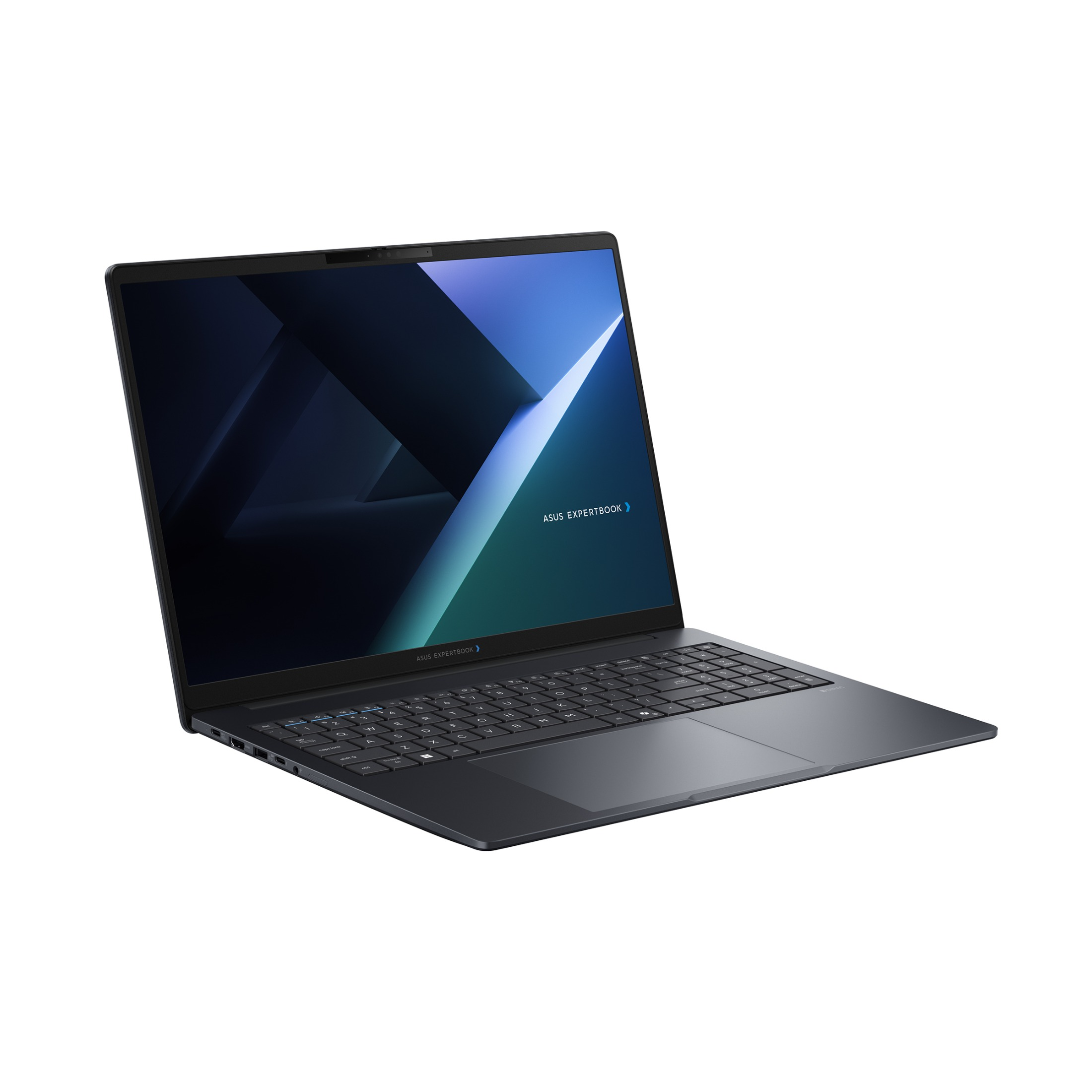 Ein offener schwarzer Asus ExpertBook Laptop mit blauem Bildschirm auf weißem Hintergrund.