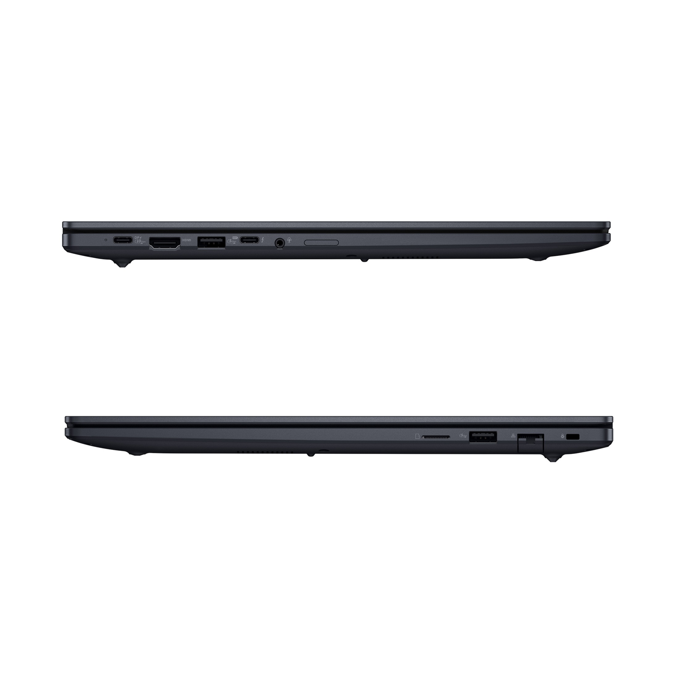 Seitenprofile eines dunklen Laptops mit Anschlüssen wie USB-C, HDMI und Audio auf weißem Hintergrund.