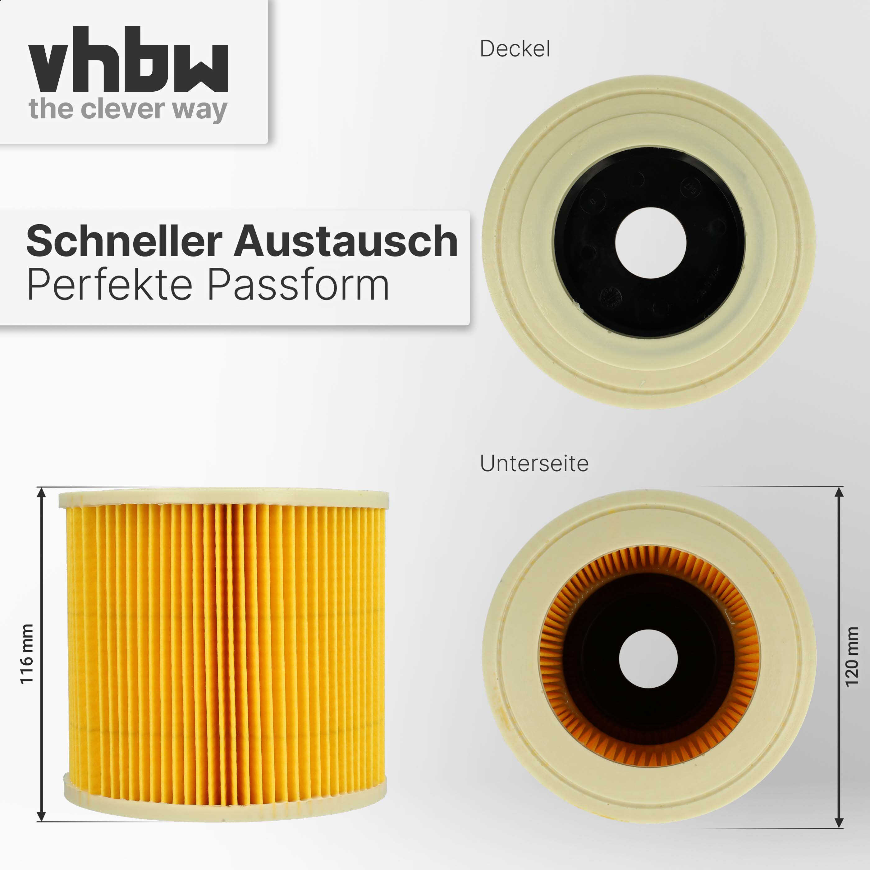 Gelber zylindrischer Luftfilter aus drei Perspektiven mit Maßen und Text auf weißem Hintergrund.