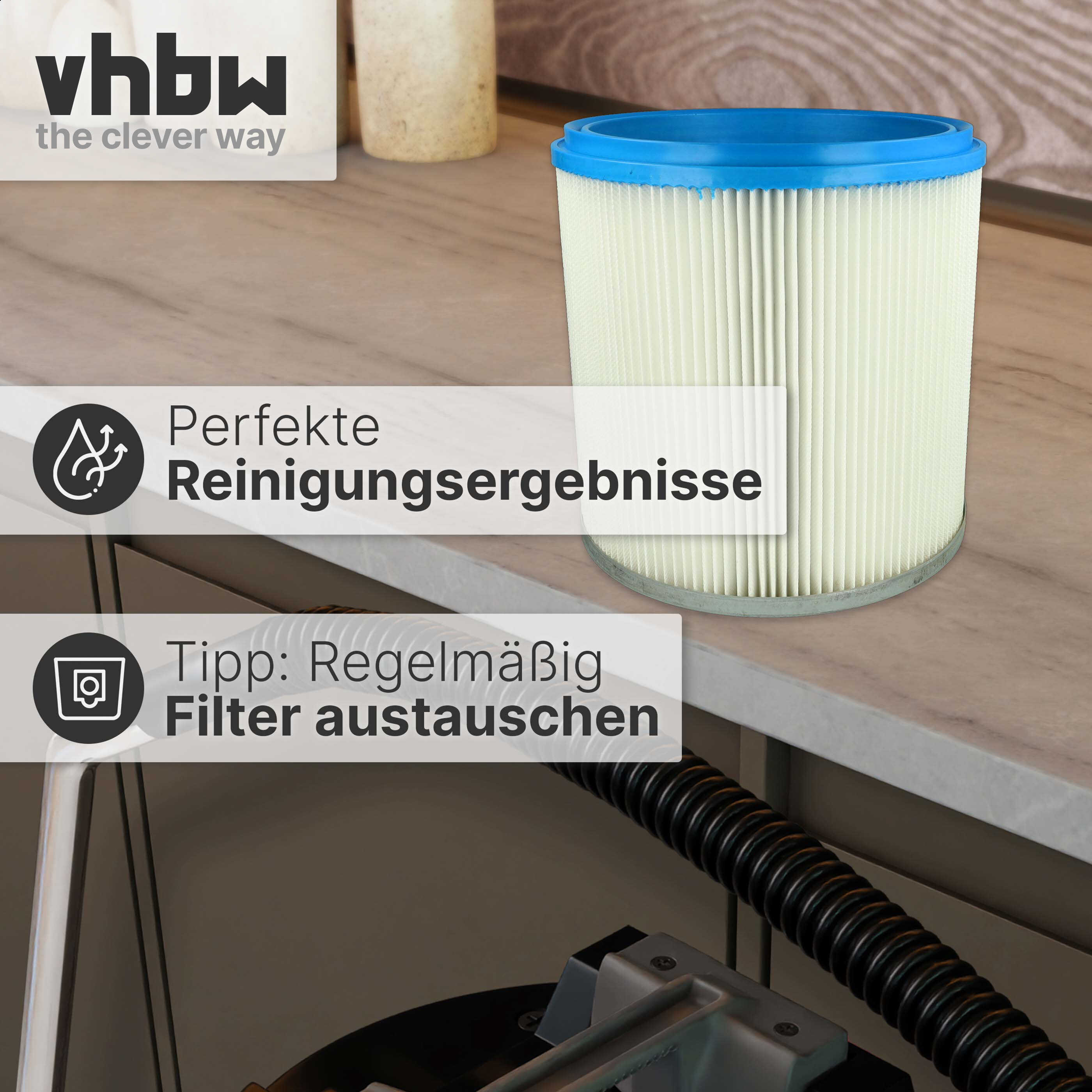Zylindrischer Staubsaugerfilter mit blauem Rand auf einem Tisch, mit Text und Vhbw-Logo.