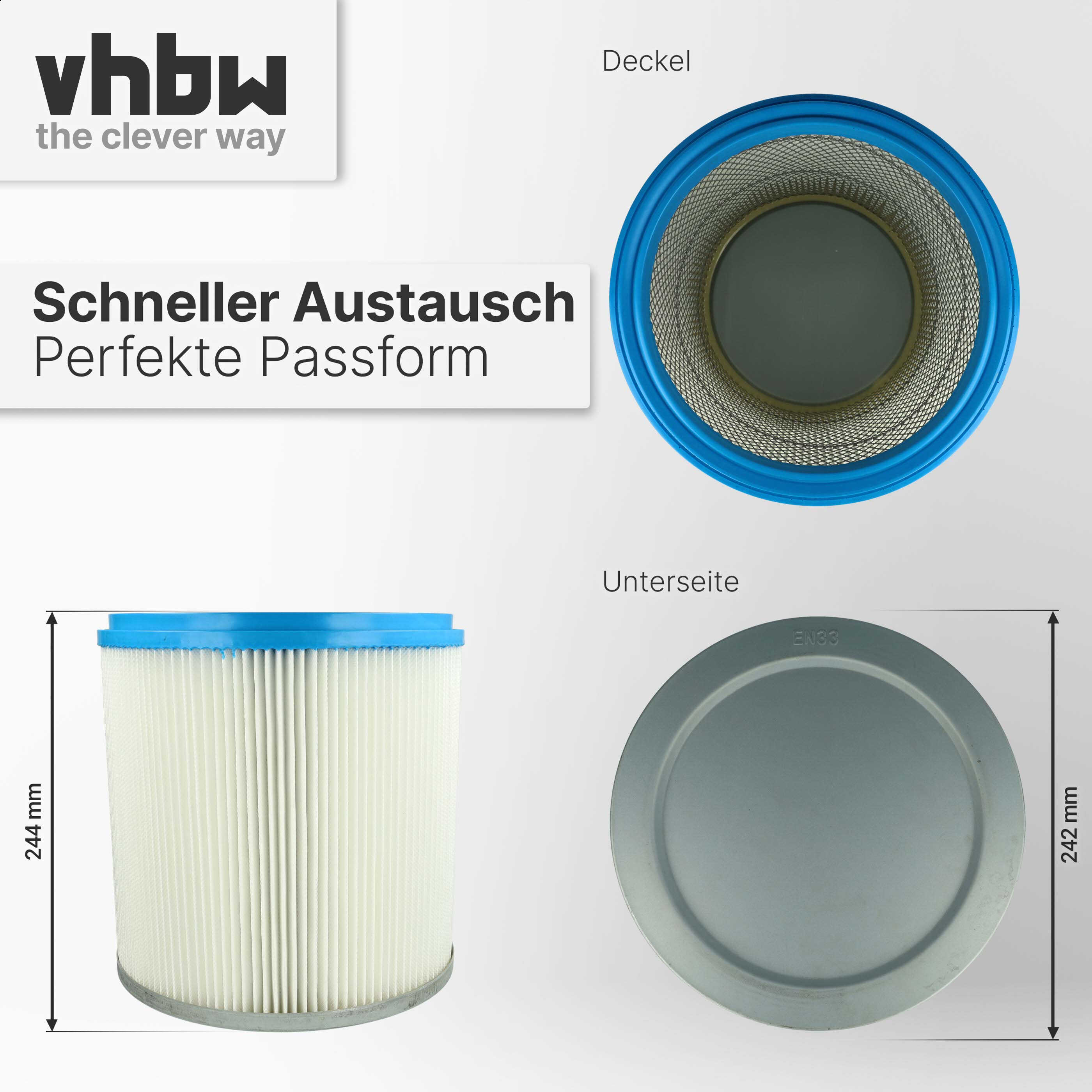 Zylindrischer blauer und weißer Filter mit Maßangaben für Deckel und Unterseite auf weißem Hintergrund.