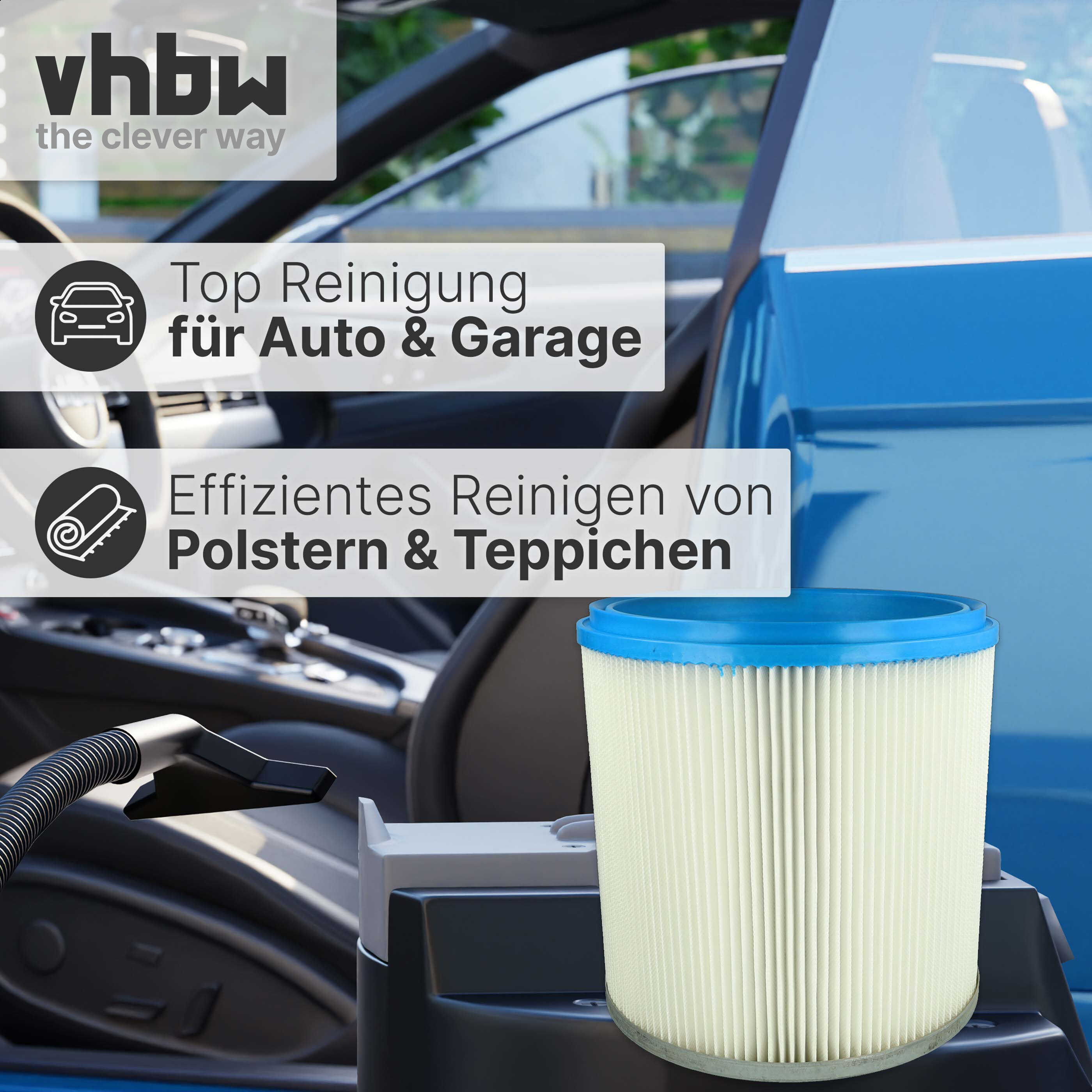 Ein zylindrischer Staubsaugerfilter vor einem Autoinnenraum mit Textoverlay.