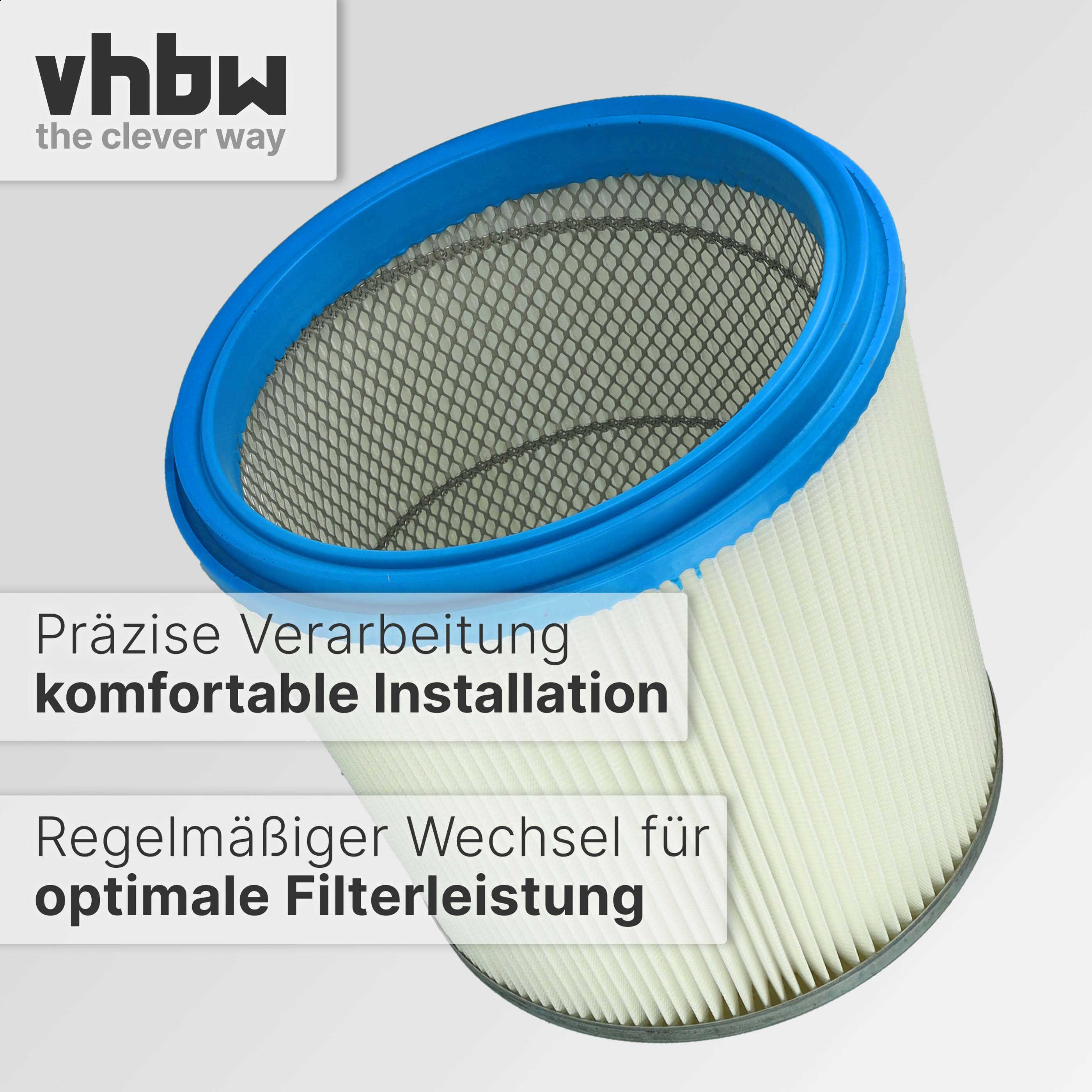 Ein runder Staubsaugerfilter mit blauem Rand und weißem Faltenfilter.
