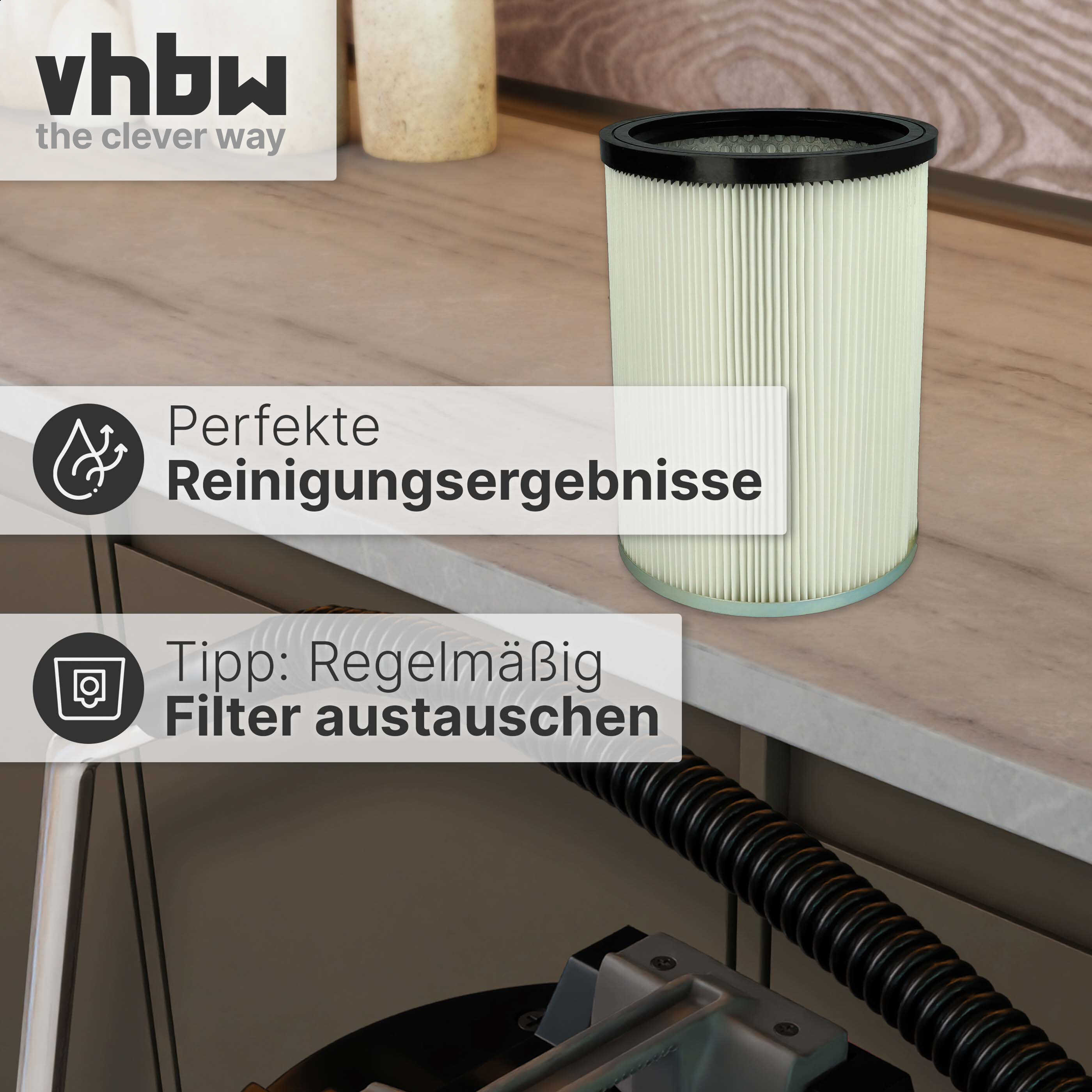 Ein weißer Zylinderfilter auf einer Küchenarbeitsplatte, mit Vhbw-Logo und Textoverlays.