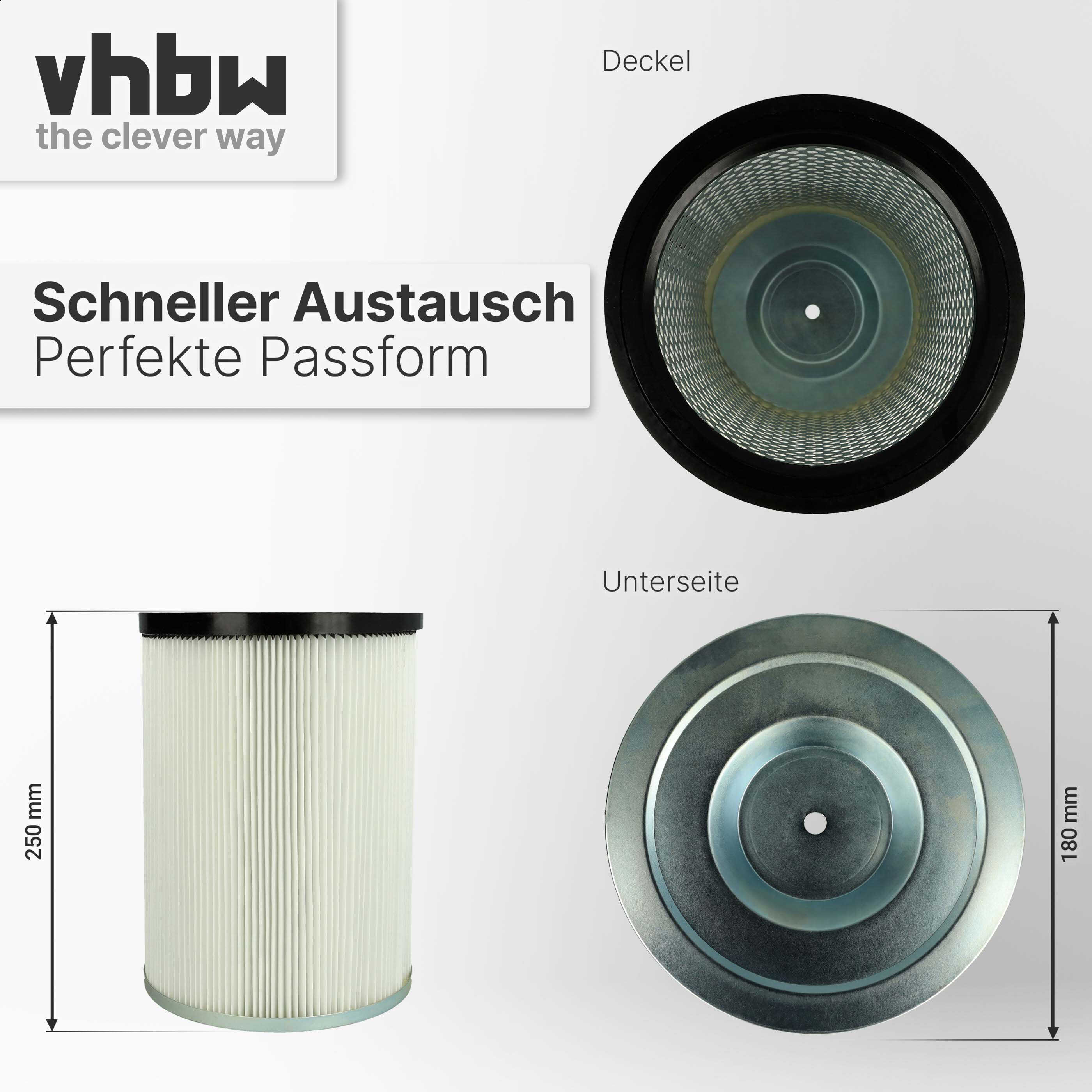 Zylindrischer Vhbw Filter mit Maßen und Text für schnellen Austausch.