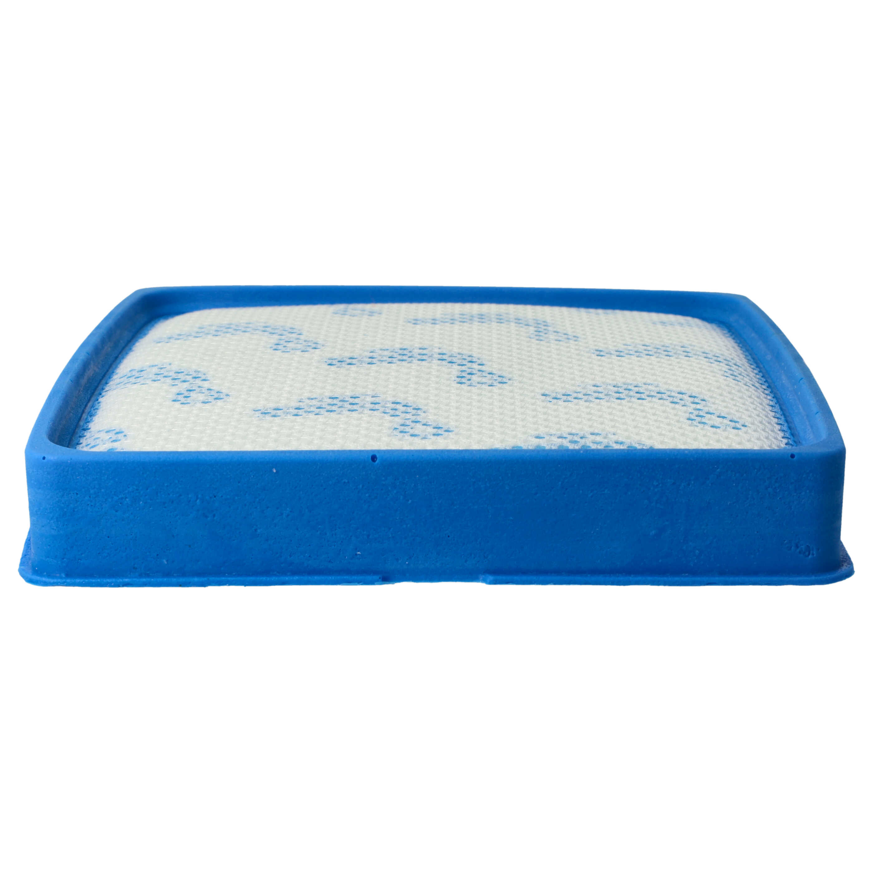 Ein blauer rechteckiger Luftfilter mit weißem Filtermedium auf weißem Hintergrund.