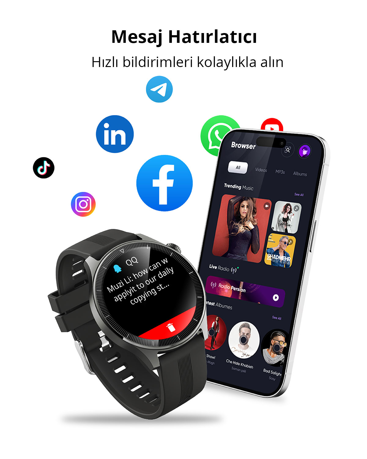 Beyaz arkaplanda bildirimler ve sosyal medya logoları gösteren bir akıllı saat ve telefon.
