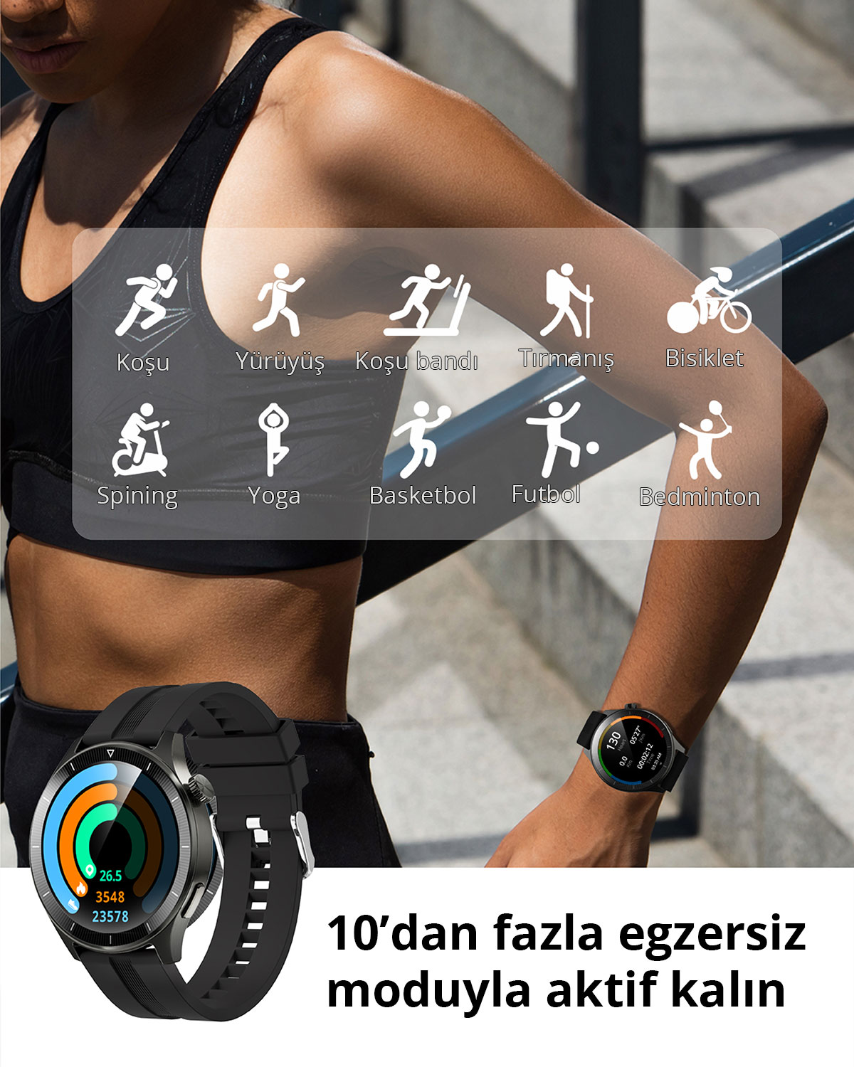 Bir kadın sporcu, çeşitli sporlar için fitness takip simgeleri gösteren bir akıllı saat takıyor.