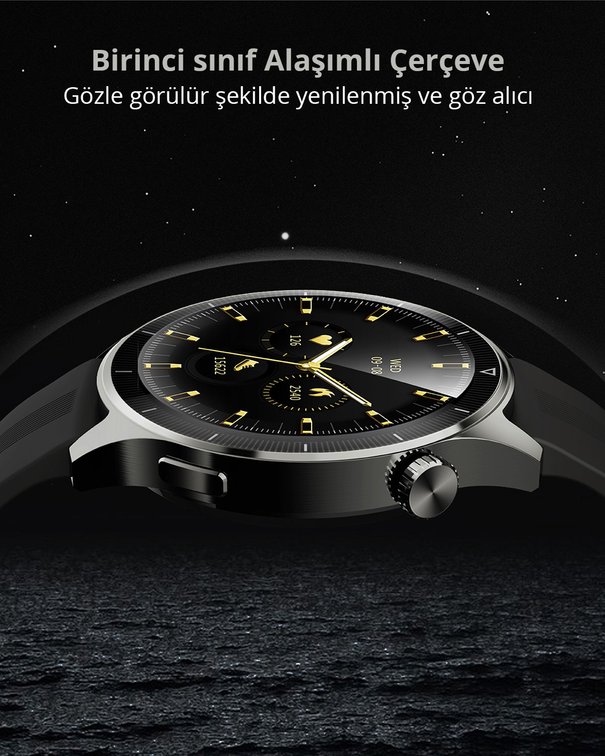 Karanlık ve yıldızlı bir arka plan önünde siyah ve altın renkli akıllı saat.