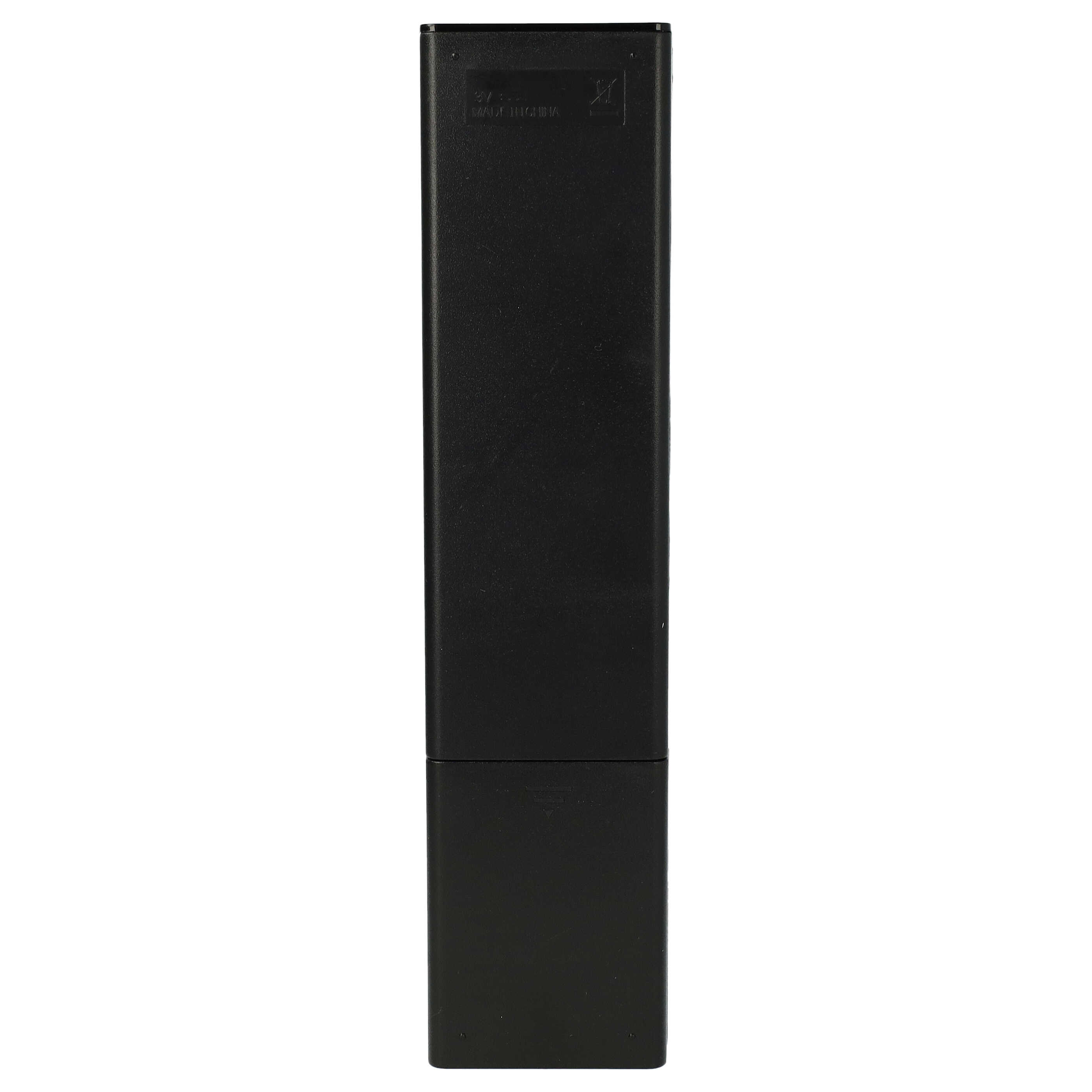 Eine schwarze Fernbedienung-Rückseite aus Kunststoff mit Text und Symbolen vor weißem Hintergrund.