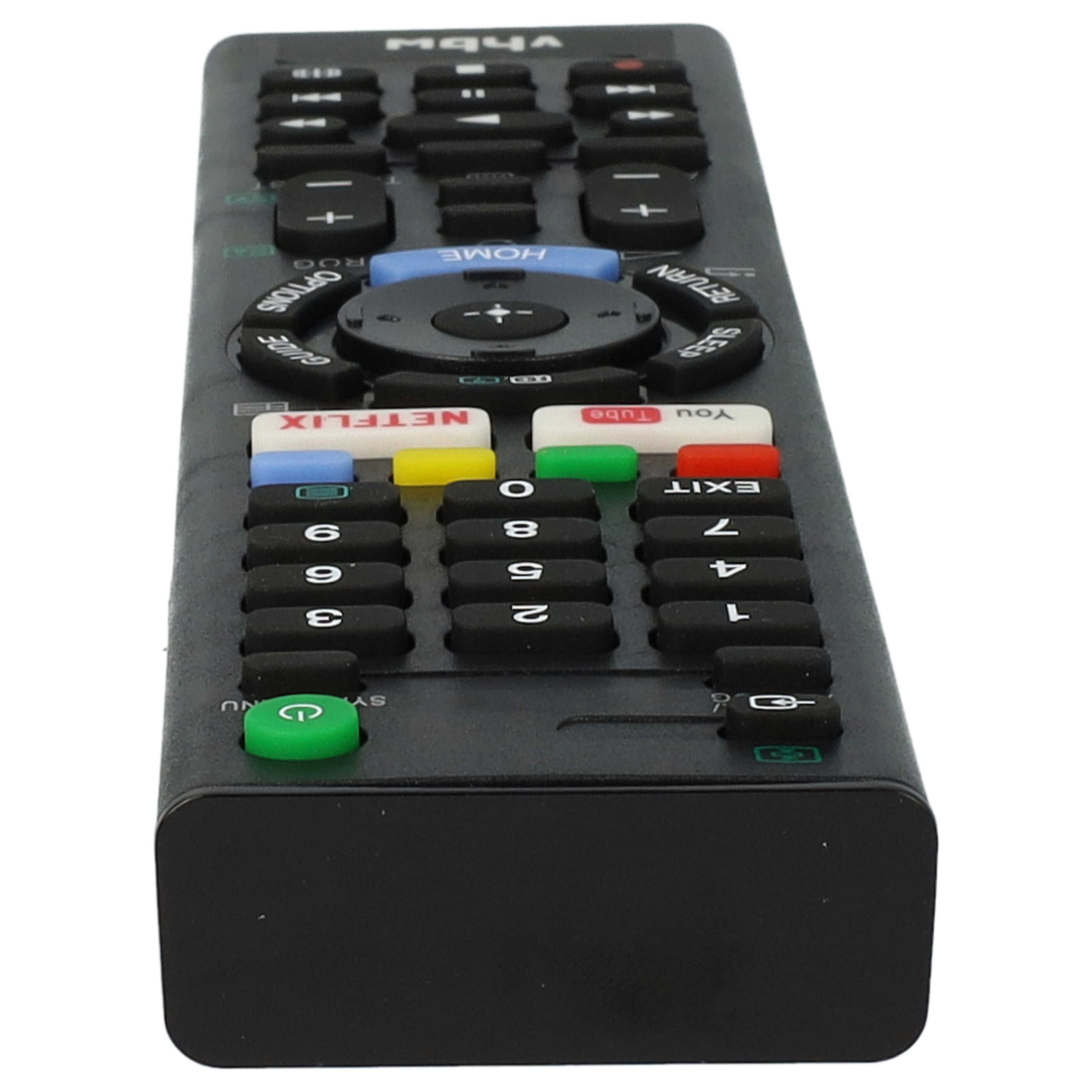 Eine schwarze Fernbedienung mit vielen Tasten und bunten Netflix- und YouTube-Knopfen auf einem weißen Hintergrund.