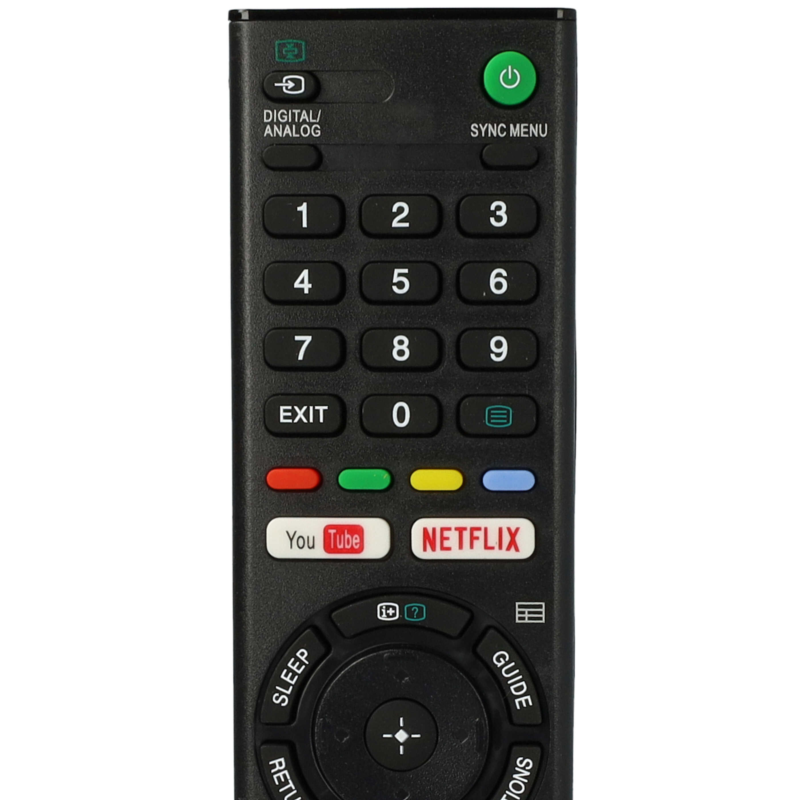 Eine schwarze Sony-Fernbedienung mit Ziffernblock, bunten Tasten und eigenen YouTube- und Netflix-Tasten.
