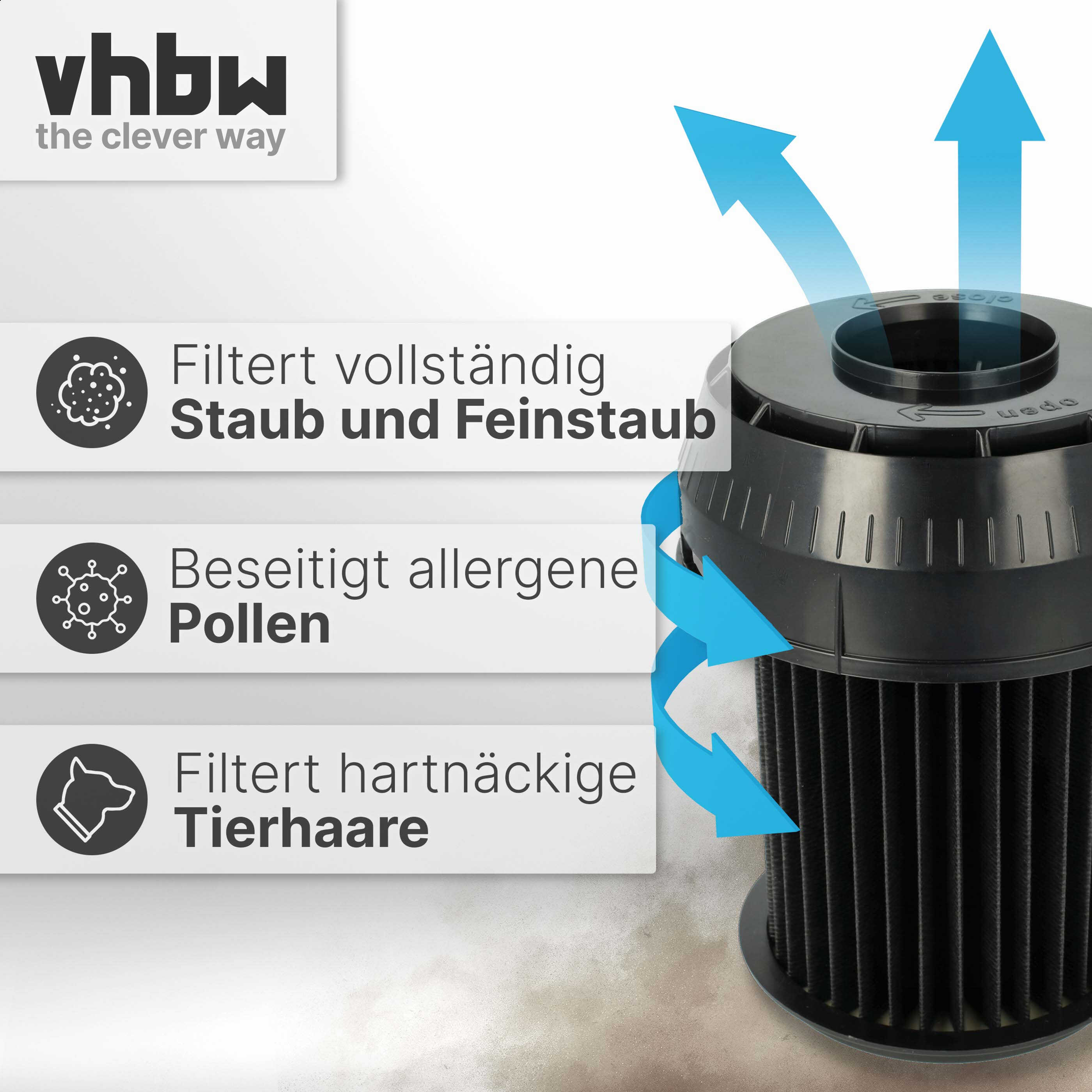 Schwarzer Staubsaugerfilter mit blauen Luftpfeilen und vhbw-Logo.