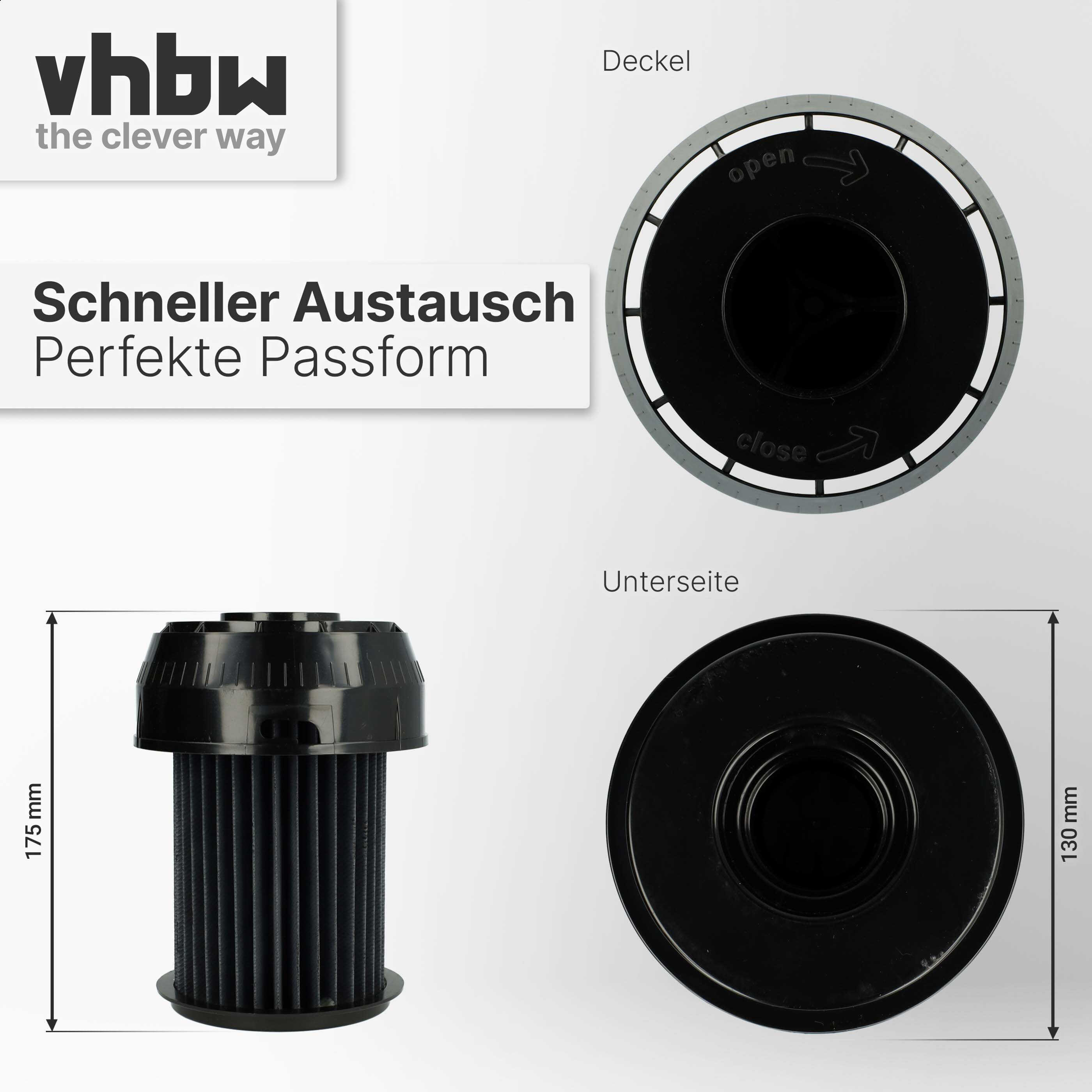 Schwarzer Vhbw Filter mit Maßen, Deckel und Unterseite auf weißem Hintergrund.