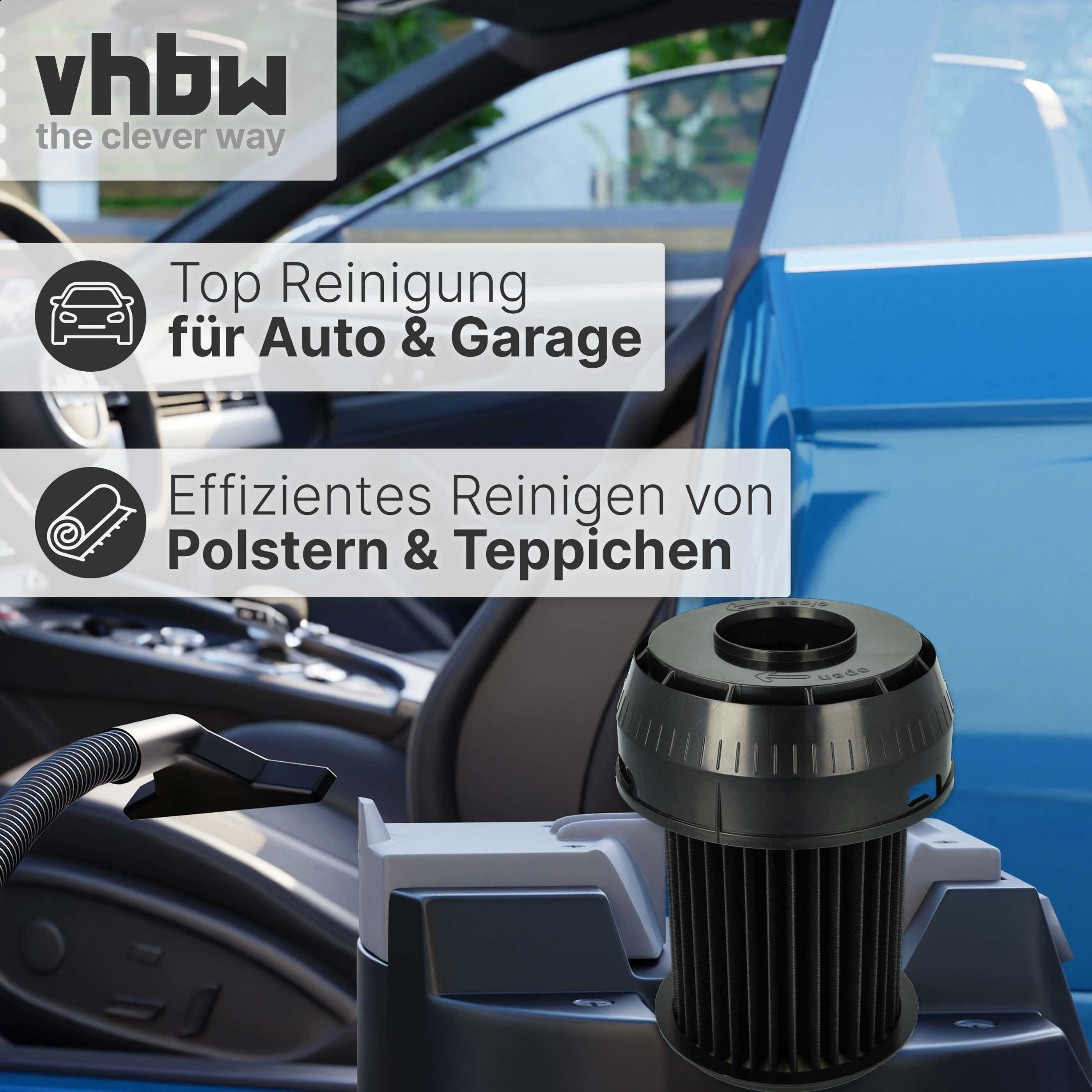 Staubsaugerfilter vor einem Auto und Text.
