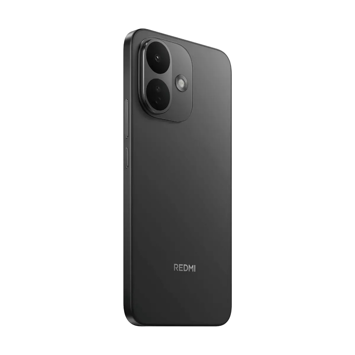 Vista posteriore di uno smartphone Redmi nero con due fotocamere verticali e logo.