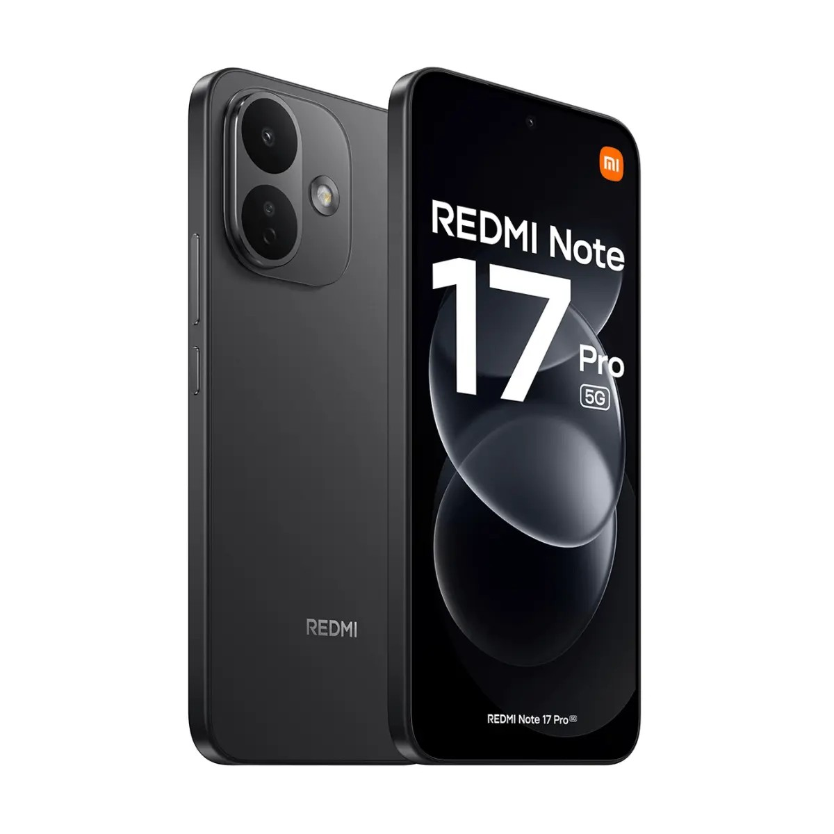 Parte anteriore e posteriore di uno smartphone nero Redmi Note 17 Pro 5G su sfondo bianco.