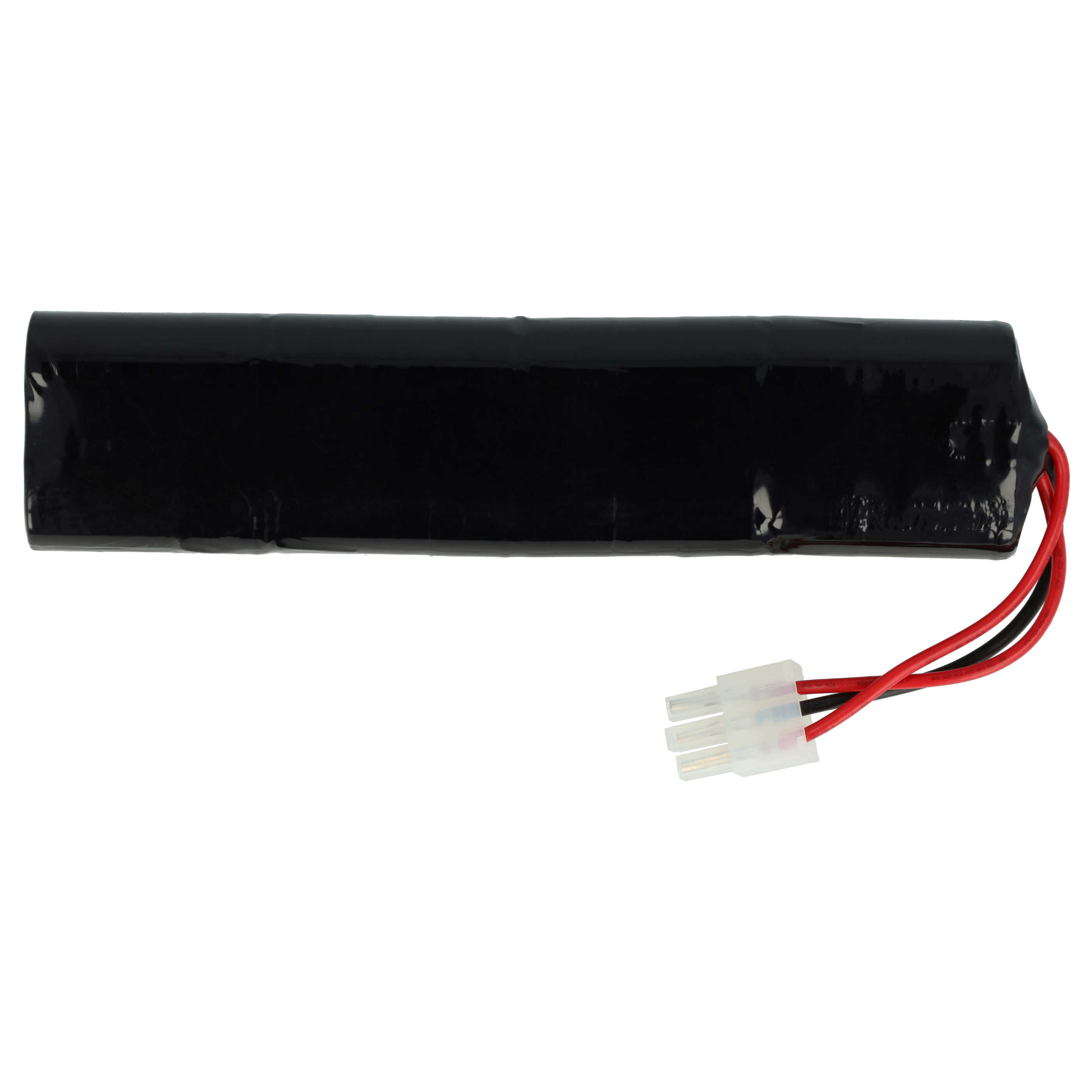Ein länglicher, schwarzer Akku mit roten und schwarzen Kabeln, die in einem weißen Stecker enden, vor weißem Hintergrund.