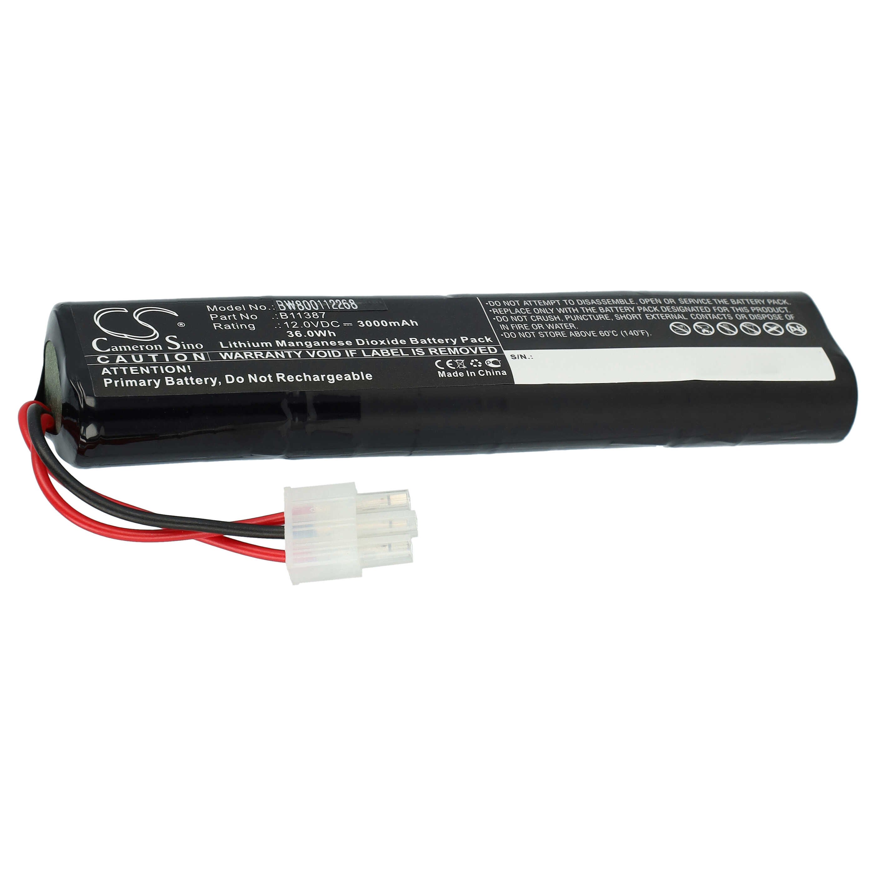 Schwarzer Lithium-Mangan-Dioxid-Akku mit roten und schwarzen Kabeln und weißem Stecker vor weißem Hintergrund.