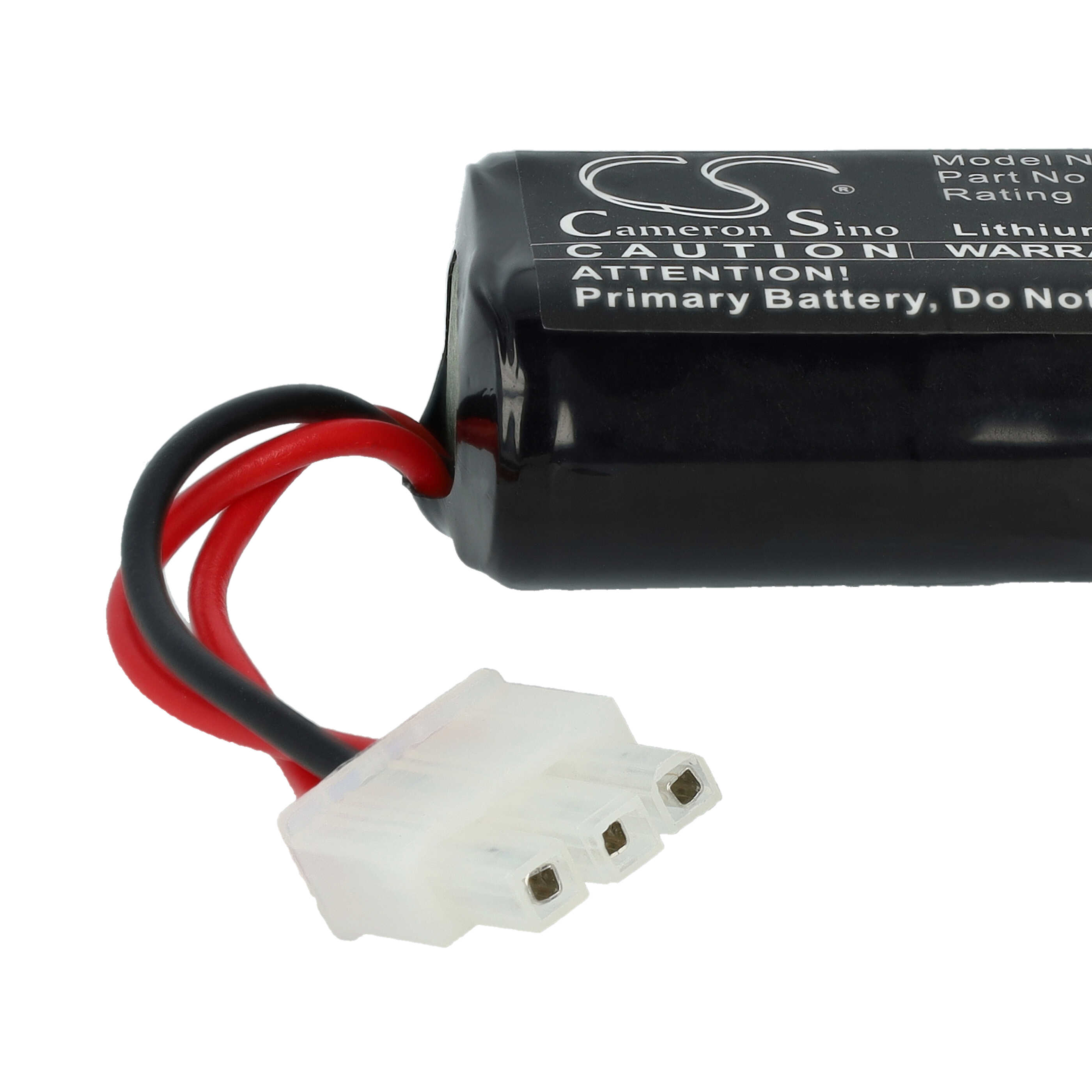 Eine schwarze Cameron Sino Batterie mit roten und schwarzen Kabeln an einem weißen Stecker.