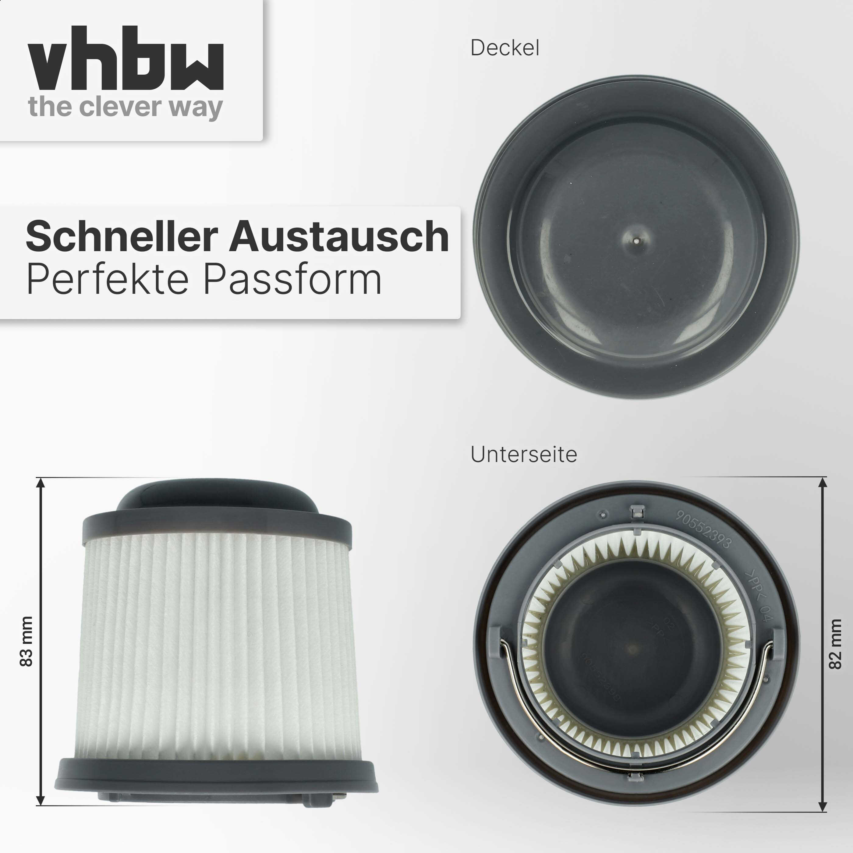 Produktansichten eines grauen Staubsaugerfilters mit Maßen und vhbW Logo.