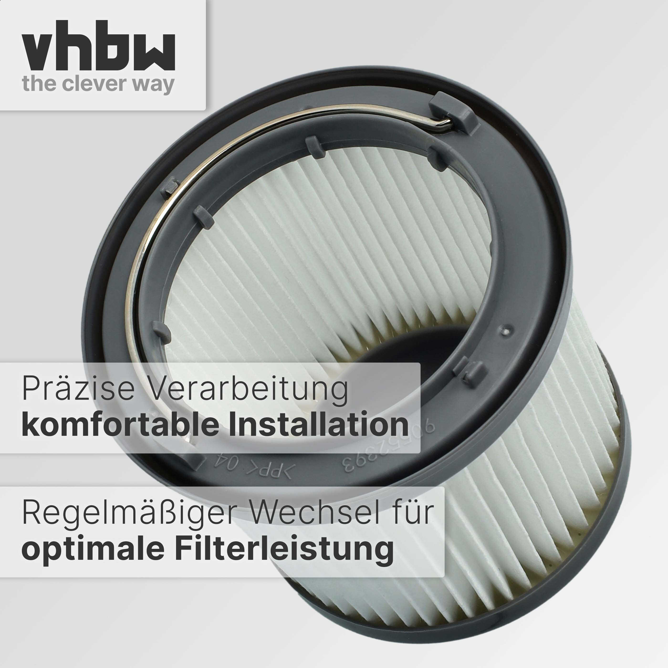 Runder Staubsaugerfilter mit weißem Faltenmaterial und grauem Kunststoffrahmen auf hellem Hintergrund.