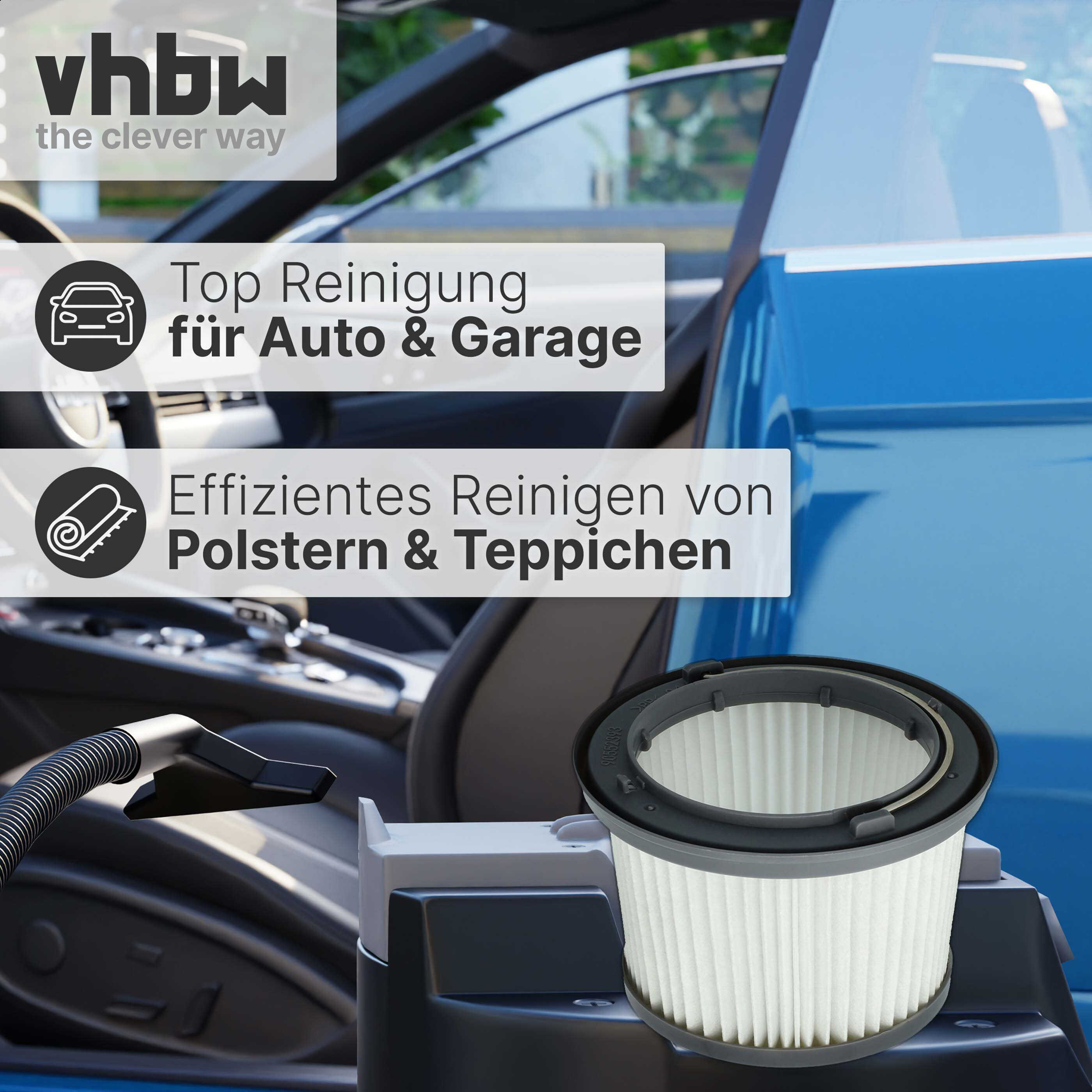 Zylindrischer Staubsaugerfilter vor Autoinnenraum mit Texten für Auto- und Polsterreinigung.