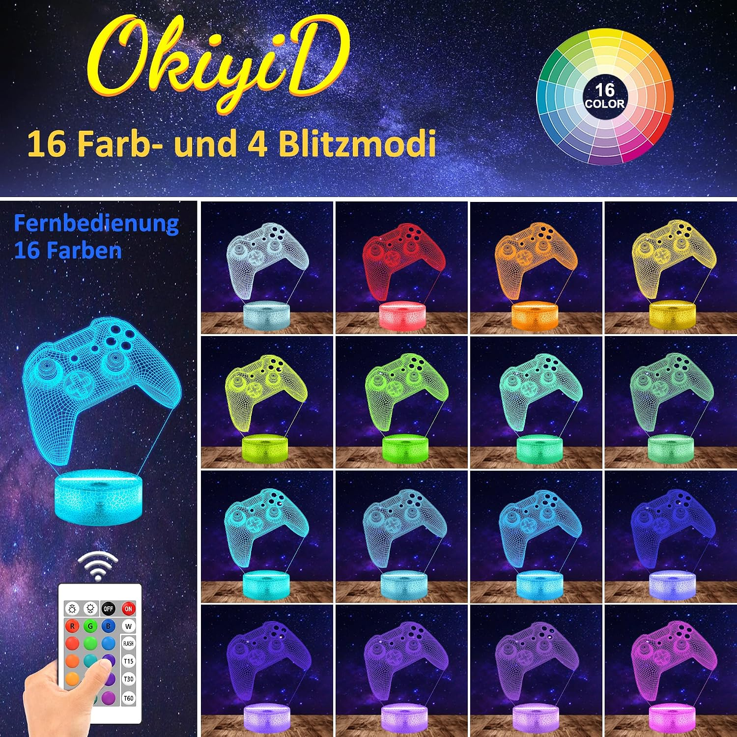 Eine Anzeige für ein 3D-Illusions-Gaming-Controller-Nachtlicht mit 16 Farben und Fernbedienung.