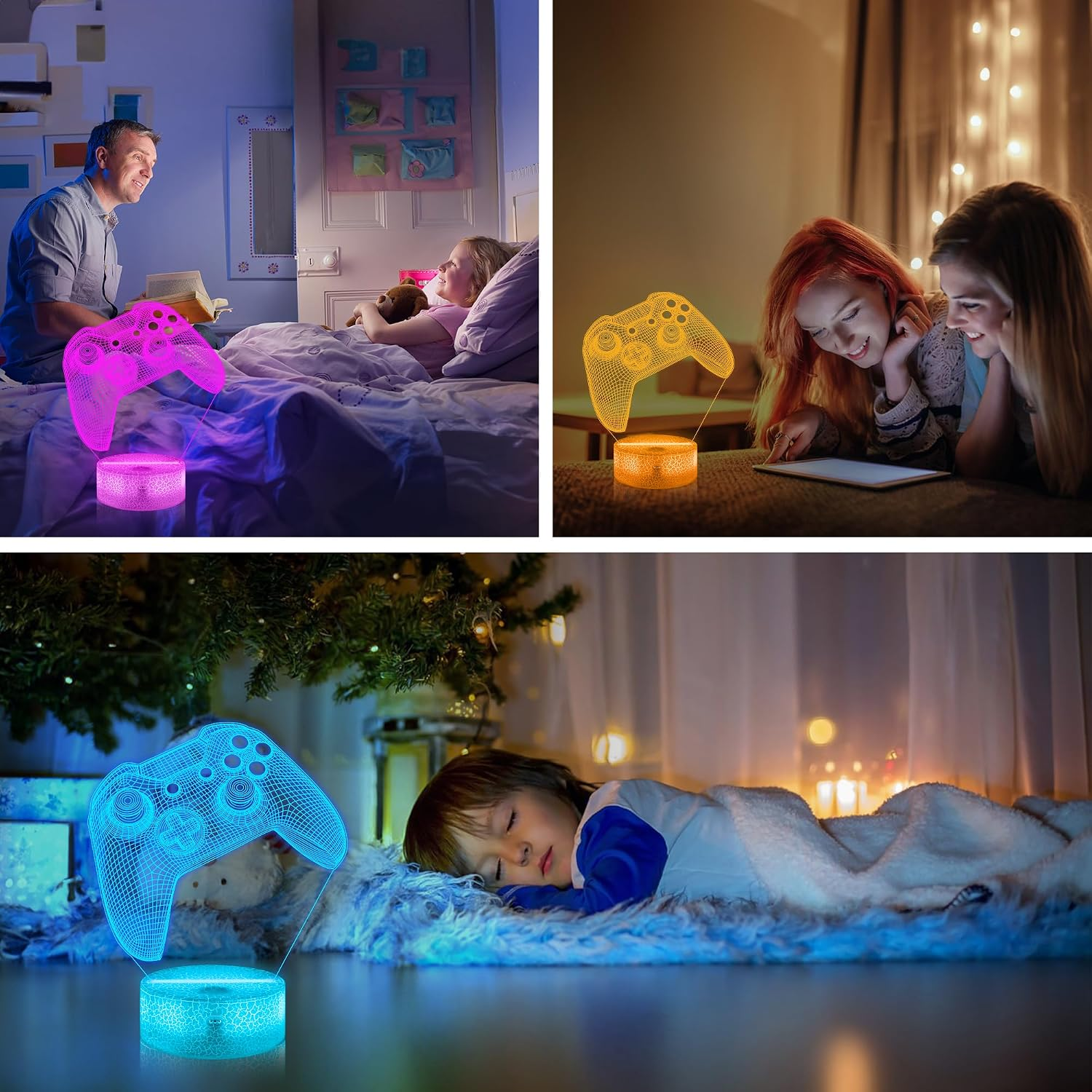 Eine Collage mit leuchtenden 3D-Gamepad-Lampen, die Räume mit Kindern und Jugendlichen beleuchten.
