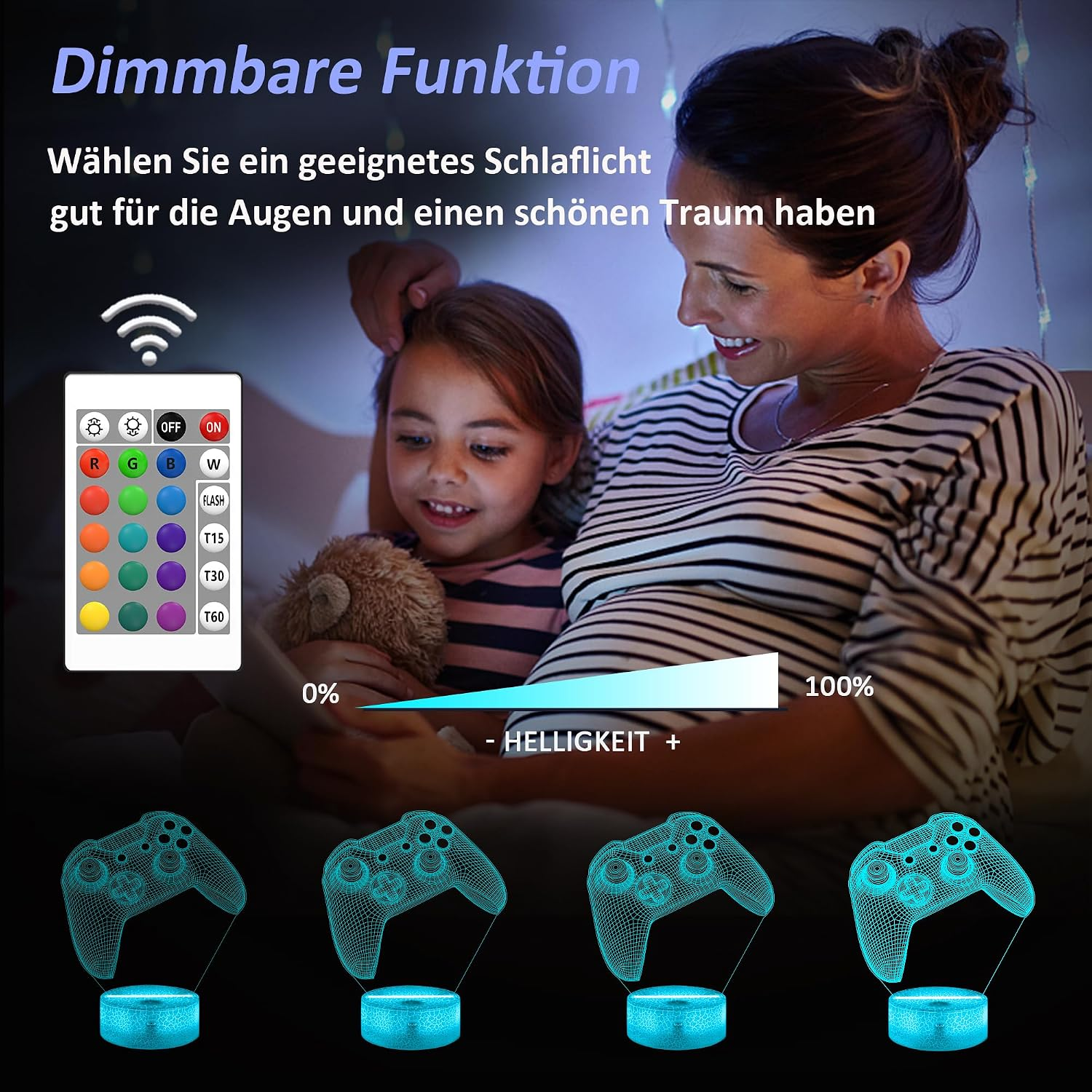 Eine Frau und ein Kind im Bett mit einem Fernbedienung und vier blauen Controller-Nachtlichtern.