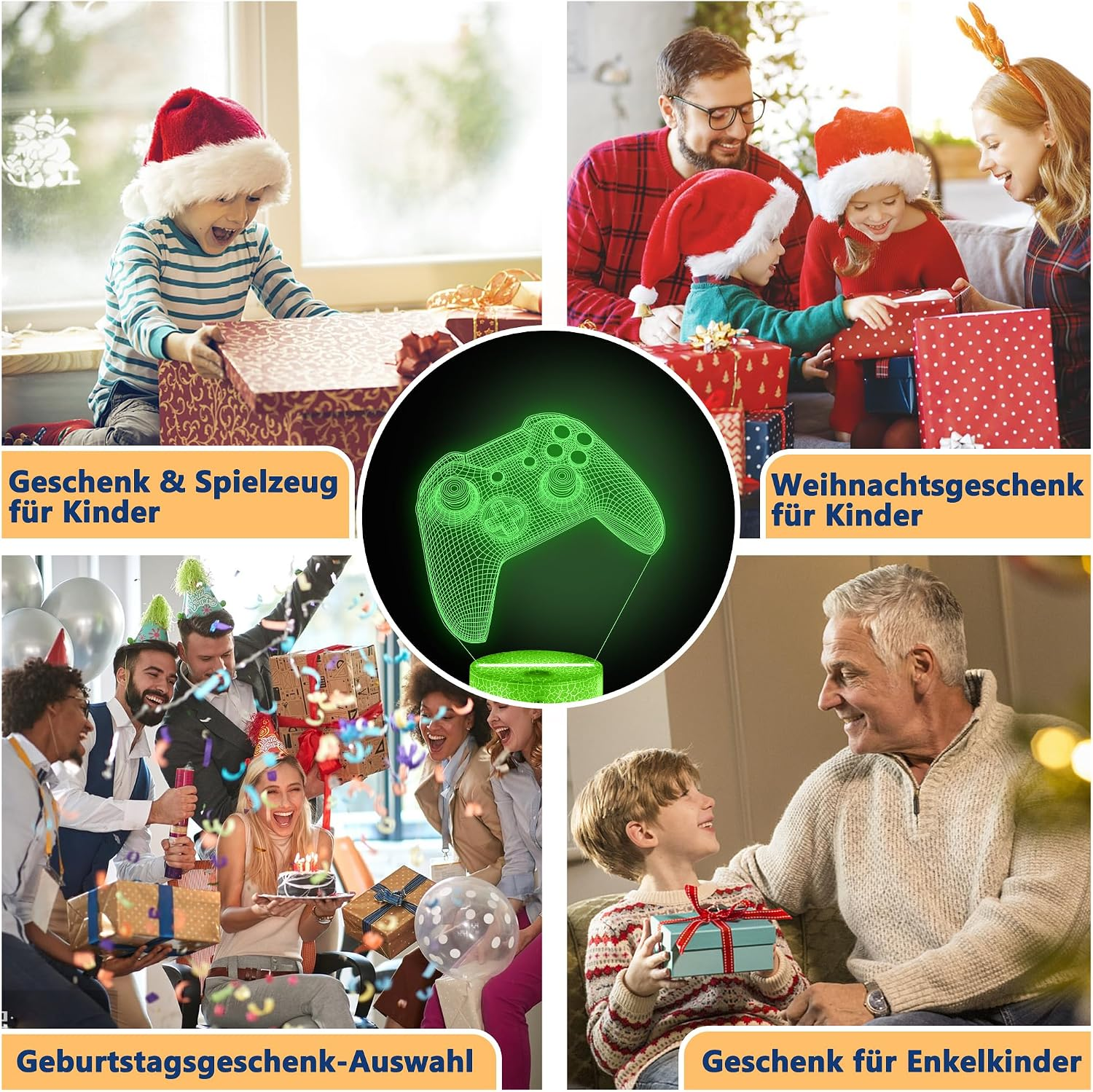 Eine Collage zeigt verschiedene Personen beim Geschenkeöffnen und eine grüne 3D-Gamer-Controller-Lampe in der Mitte.