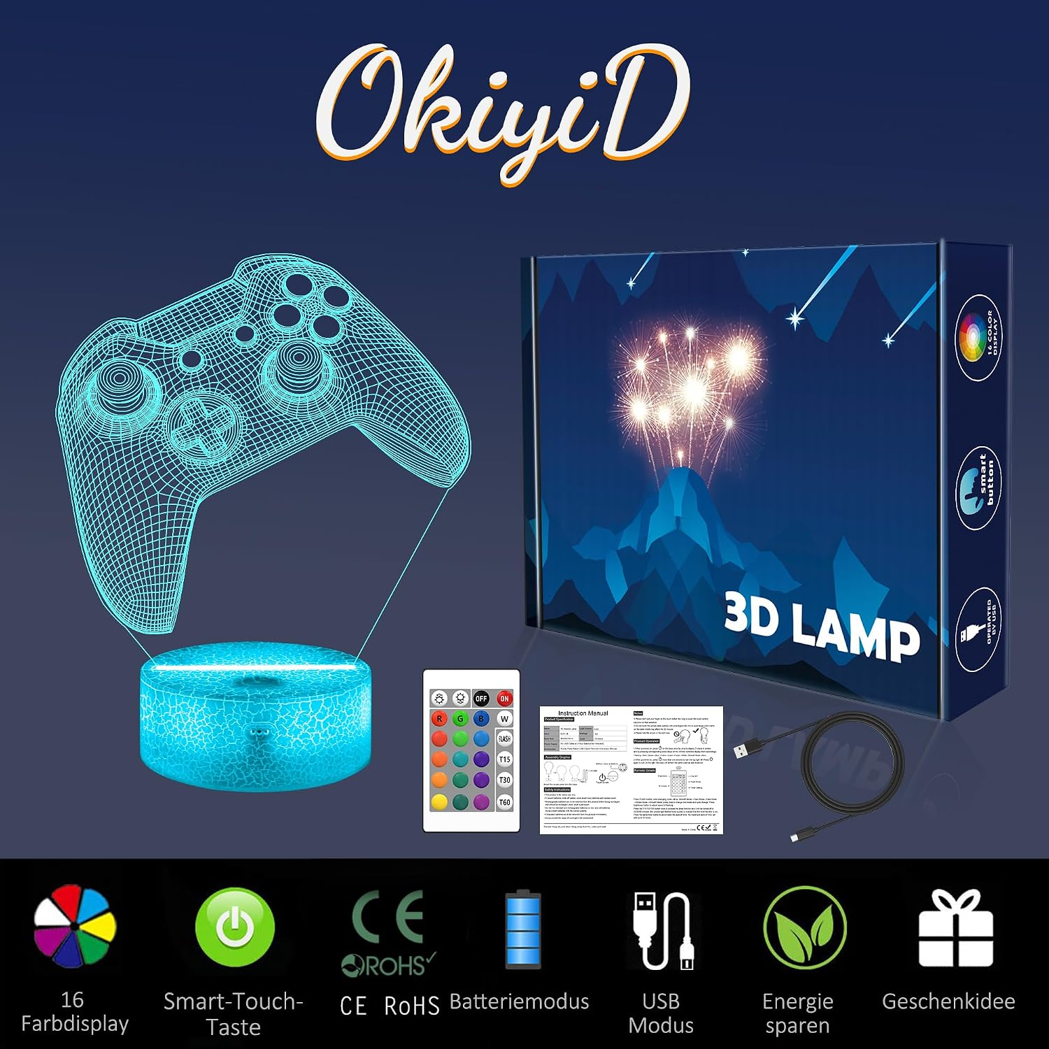 3D-Gamepad-Lampe mit blauem Licht, Fernbedienung, Box, Handbuch und USB-Kabel vor dunklem Hintergrund.